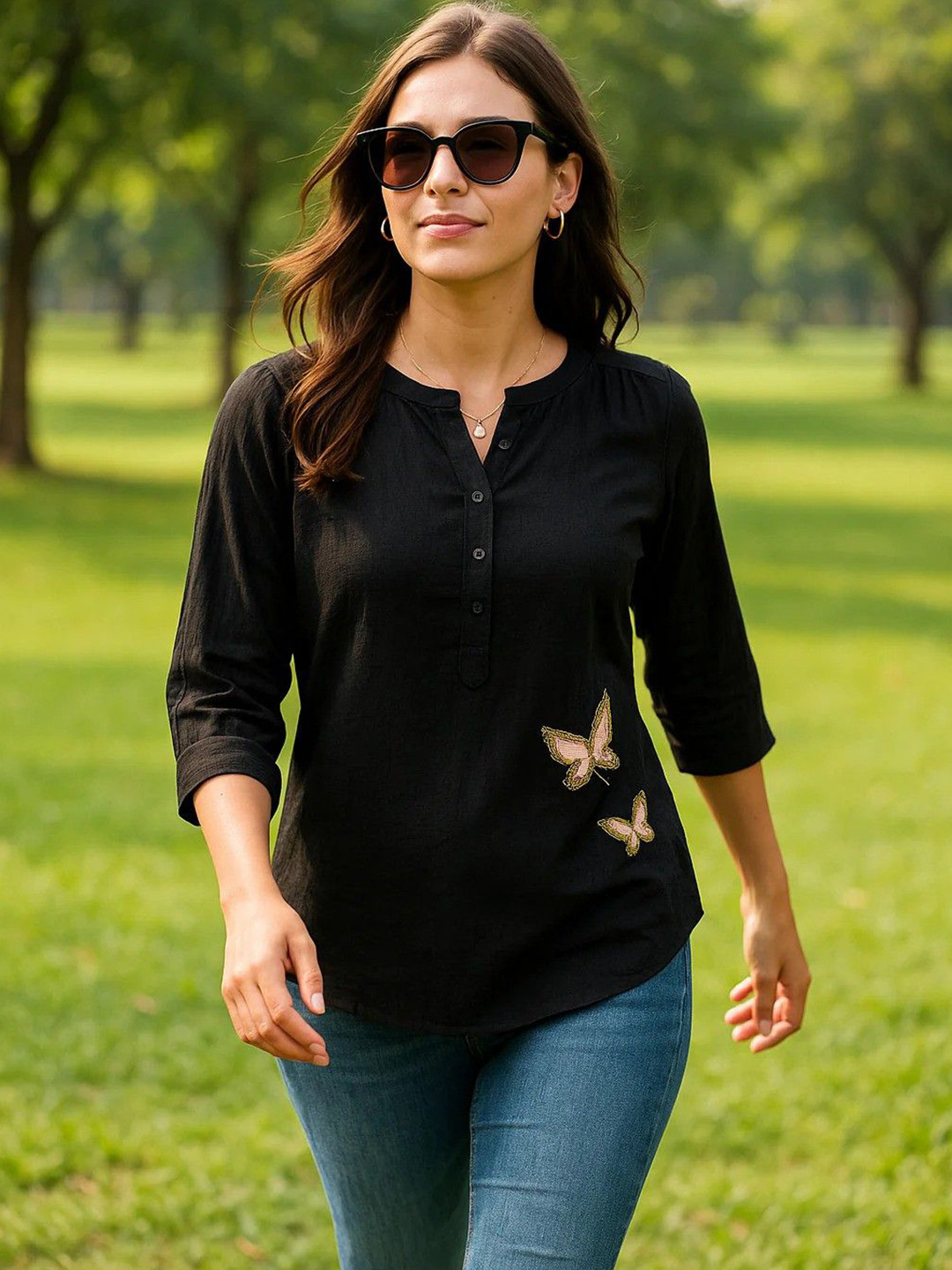 CHIQUE Women Beaded Butterfly Band Collar Casual Shirt