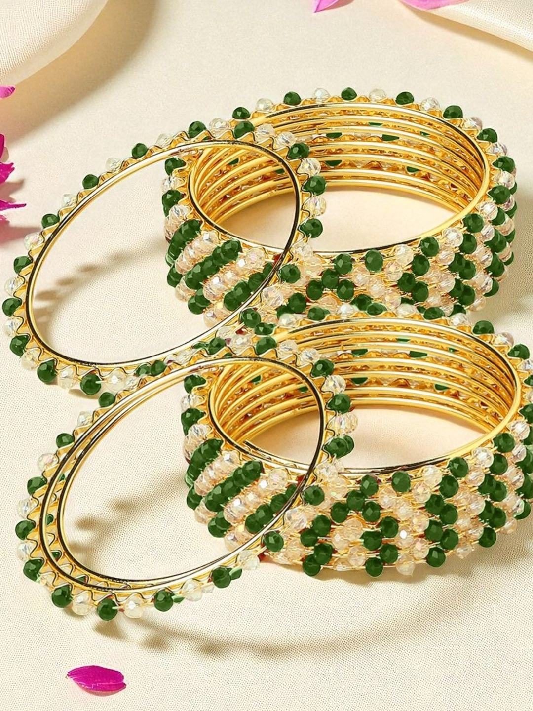 Anouk Women Pack of 16 Green & Gold-Toned Crystal Beads Alloy Bangles