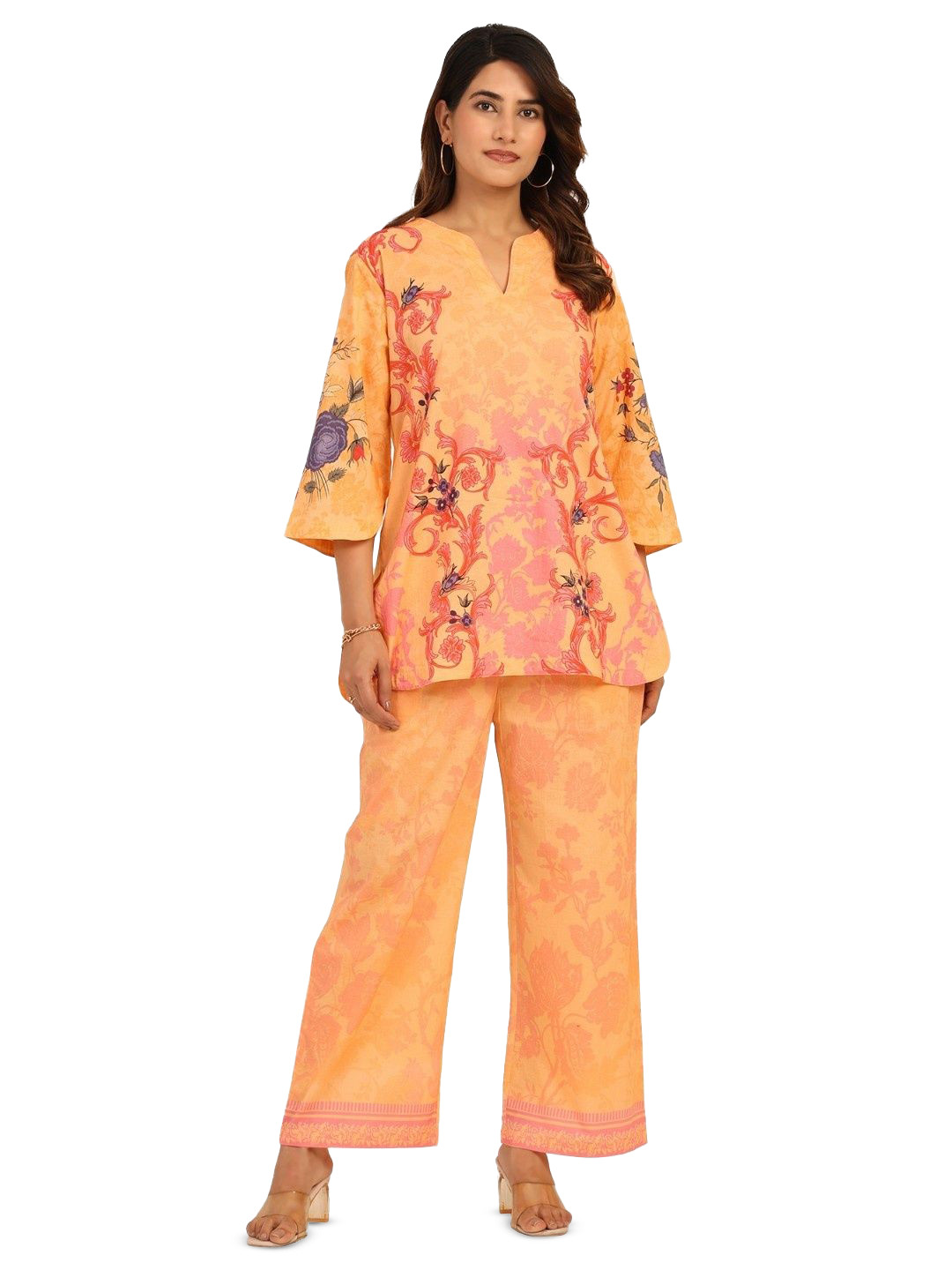 Toscee Printed Pure Cotton V Neck Tunic With Trousers