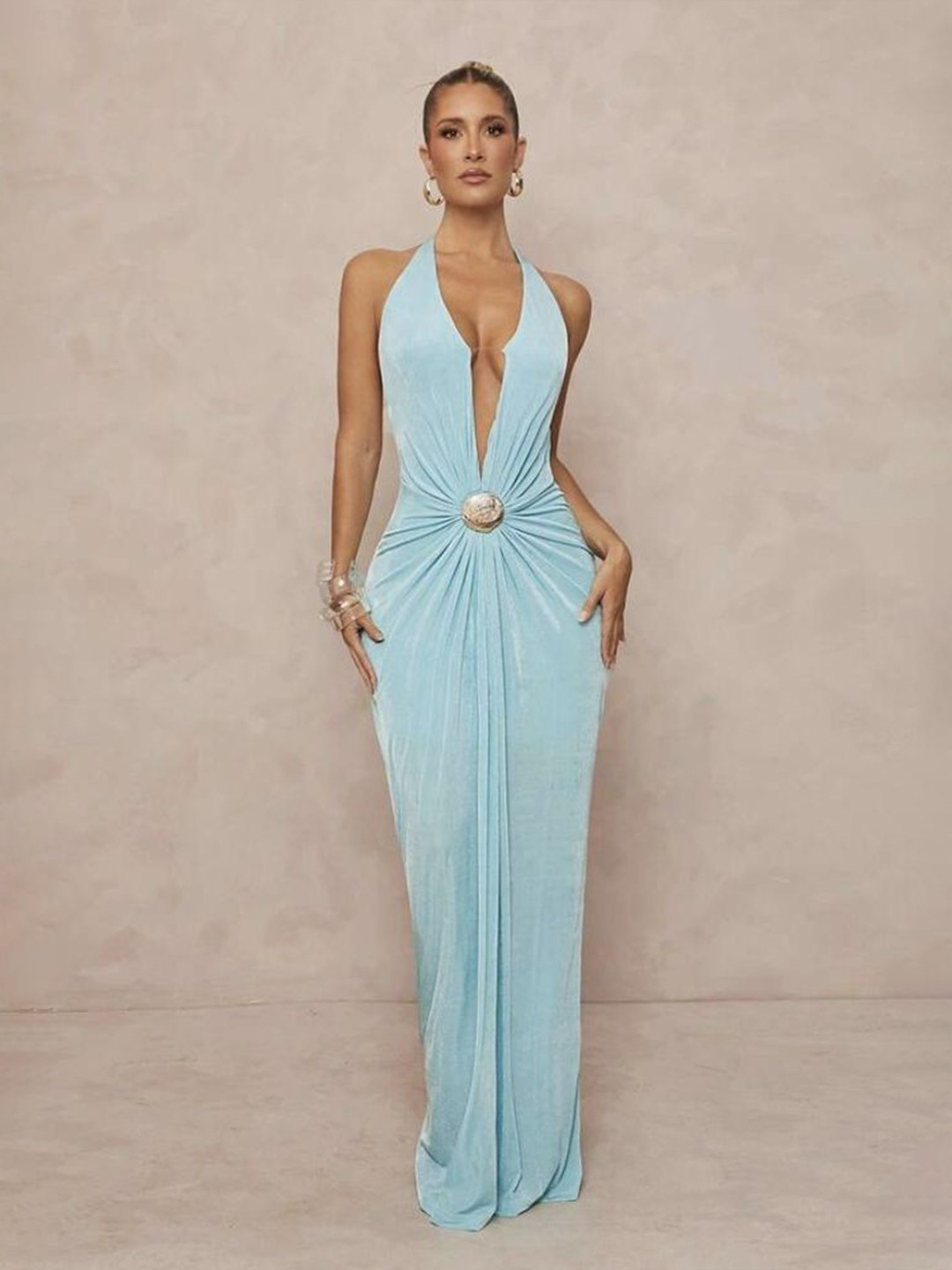 LULU & SKY Women Halter Neck Metallic Embellishment Maxi Dress