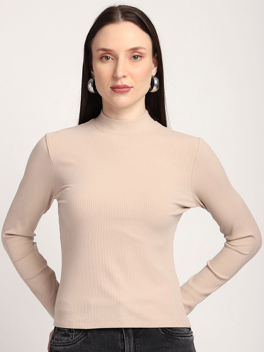 R&B Women Ribbed High Neck Cotton Fitted Top