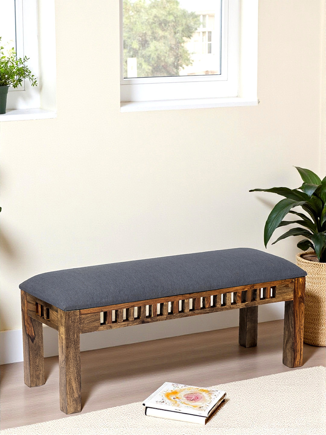 Ikiriya Milford Sheesham Wood Accent 3 Seater Bench In Anchor Grey Fabric