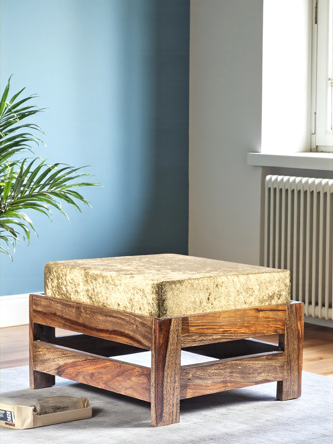 Ikiriya Sheesham Wood Foot Stool In Teak Finish With Green Sparkle Velvet Cushion