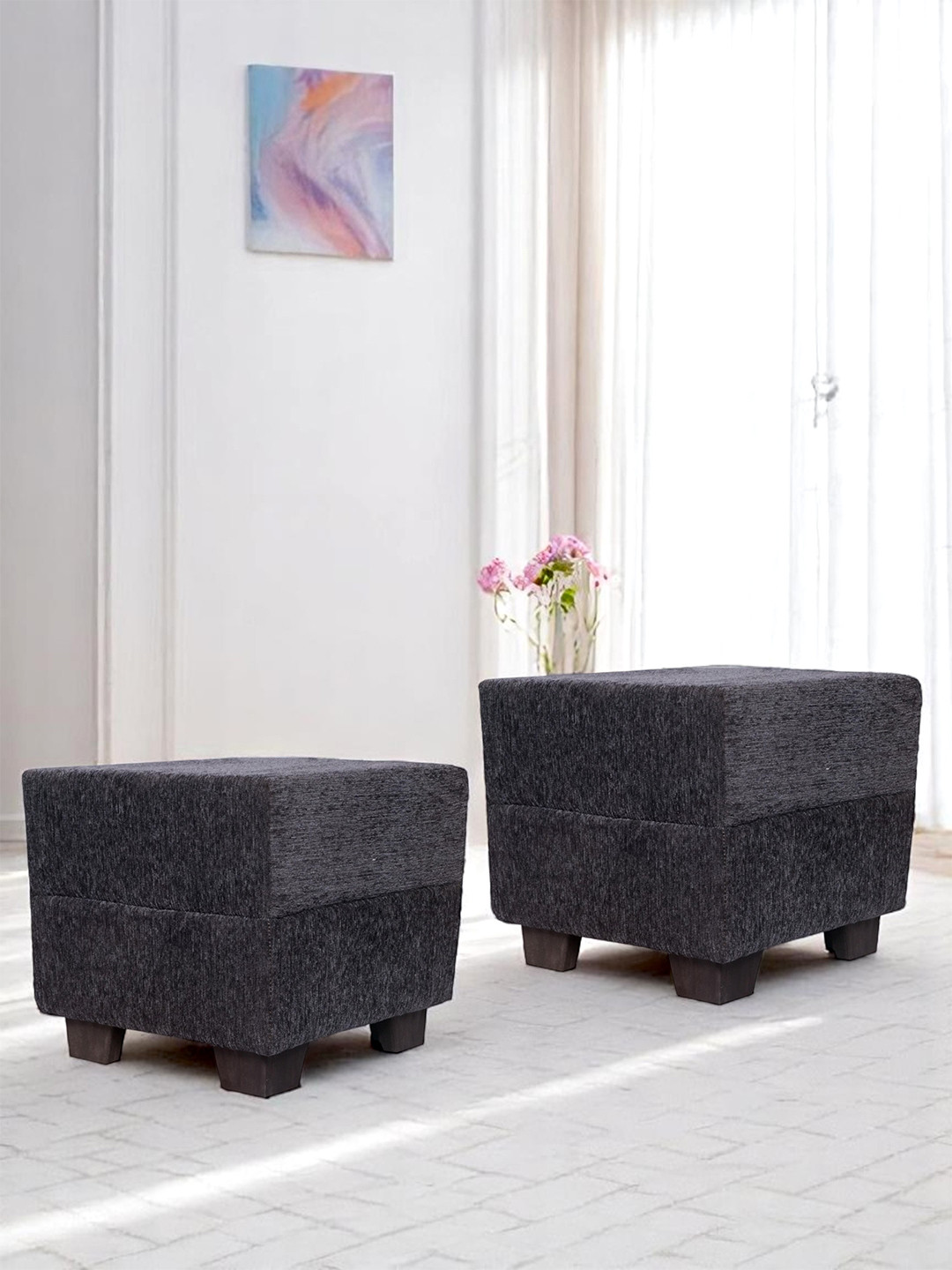 Ikiriya Solid Wood Square Set Of 2 Pouffees In Anchor Grey Mossy Fabric Upholstery