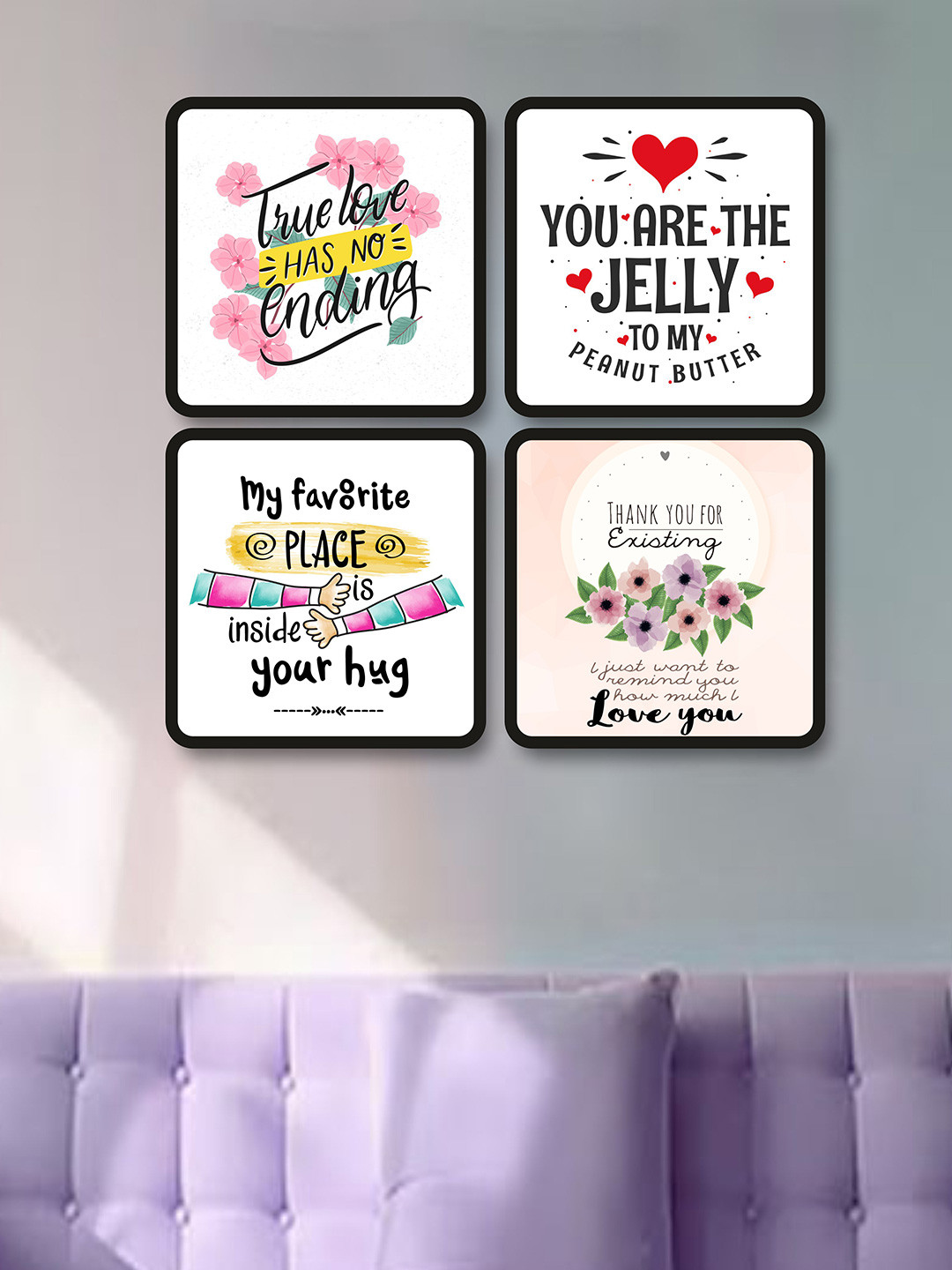 SAF White & Yellow 4 Pieces Love Quotes Painting Framed Wall Art