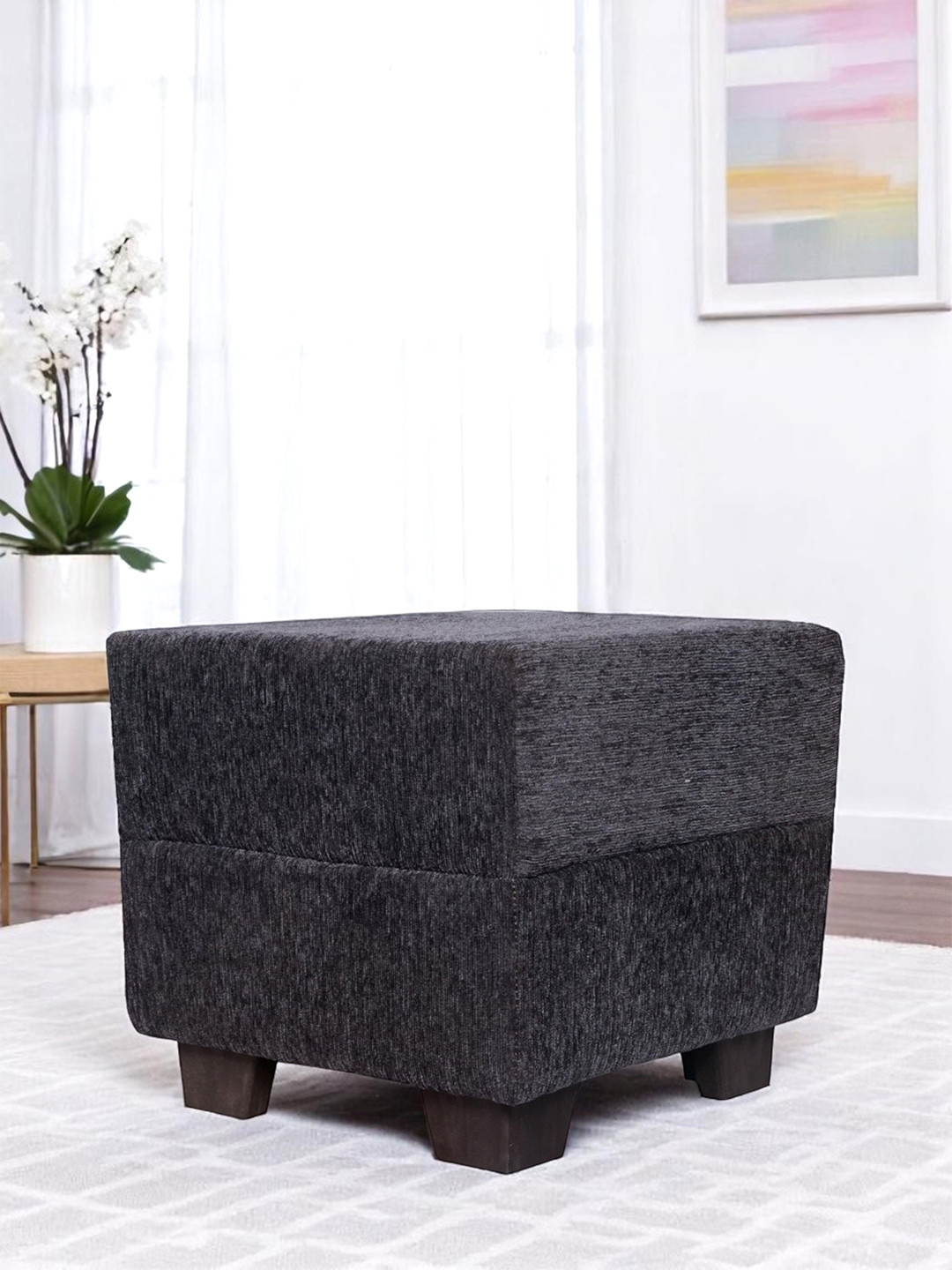 Ikiriya Iris Solid Wood Ottoman Pouffee In Mossy Grey Fabric