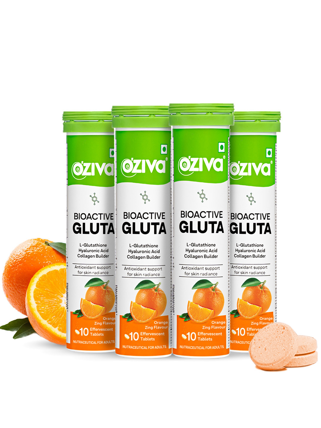 OZiva Set Of 4 Bioactive Gluta Fizzy Tablets- 10 Tablets Each- Orange