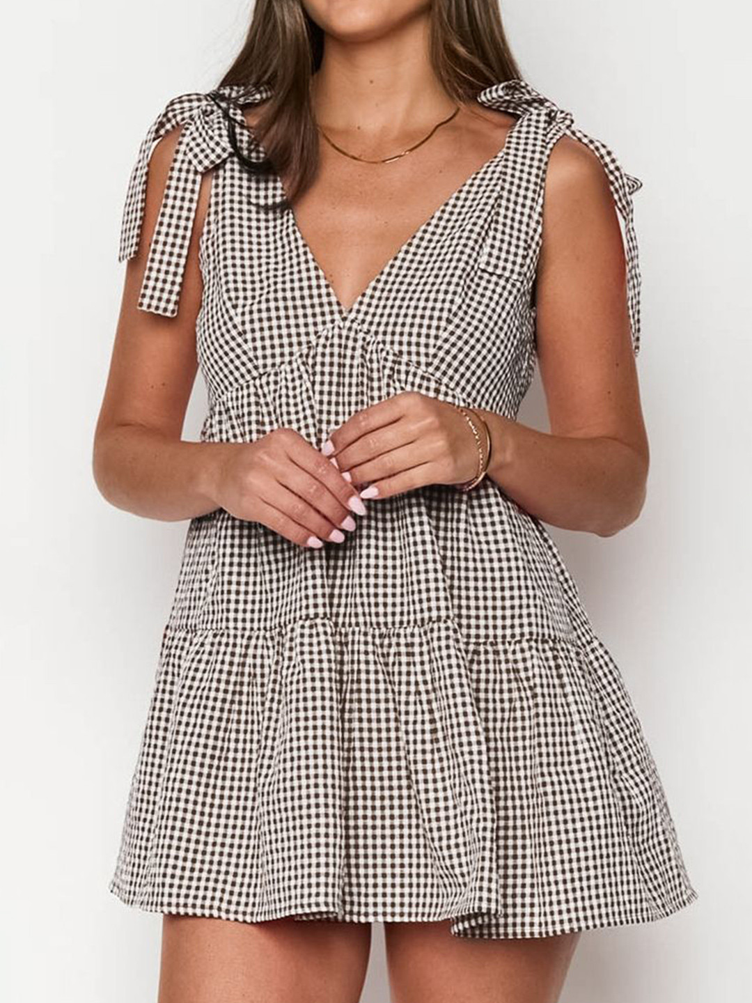 LULU & SKY Gingham Checked Tiered Shoulder Straps Fit & Flare Mini Dress
