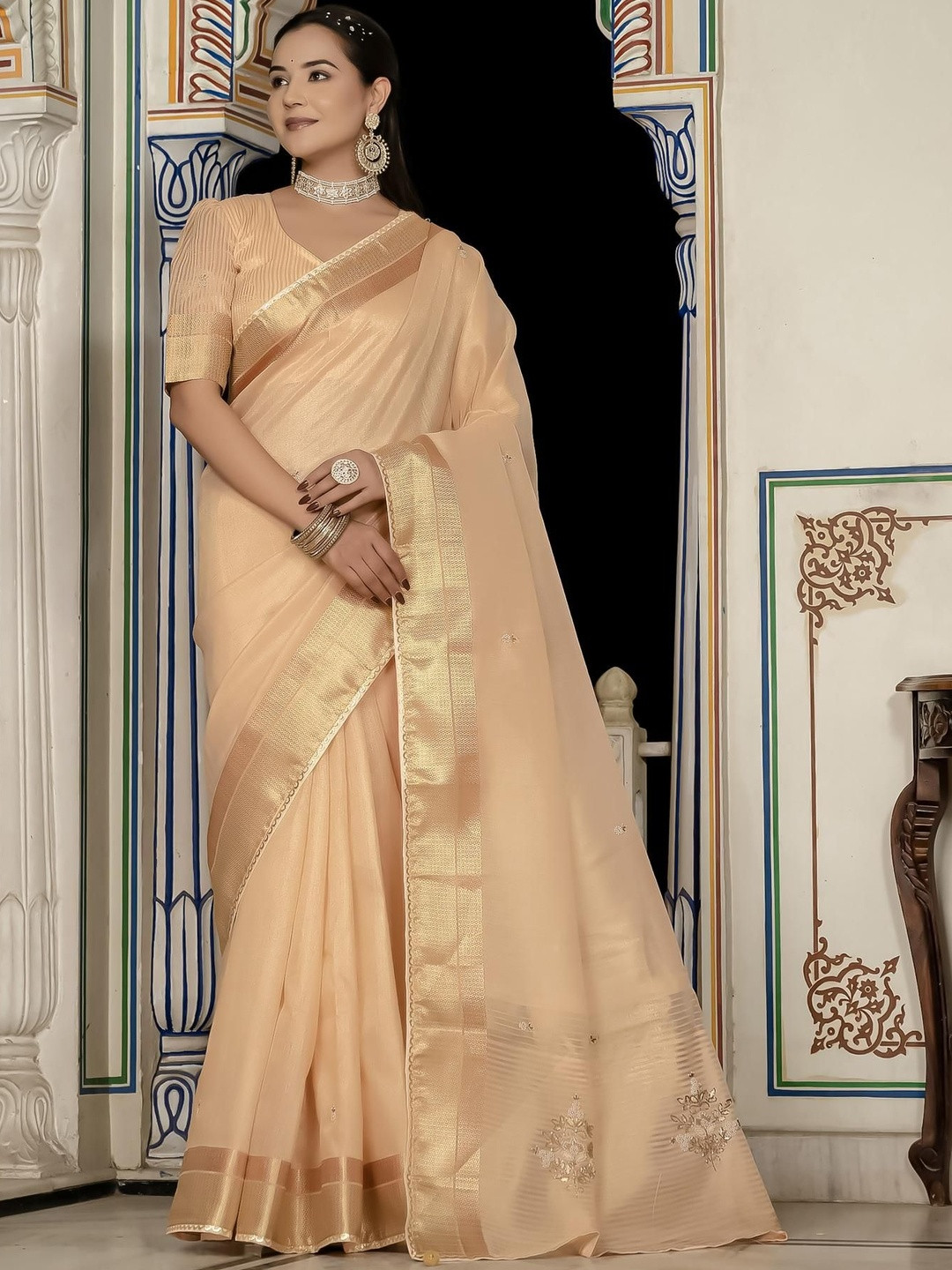 MAHALASA Ethnic Motifs Embroidered Handwork Lace Pure Linen Saree