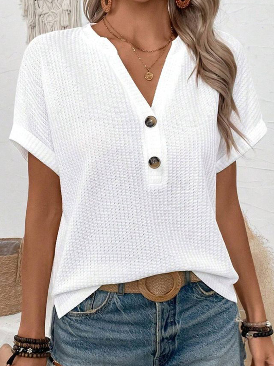 StyleCast Women V-Neck Ribbed Short Sleeve Top