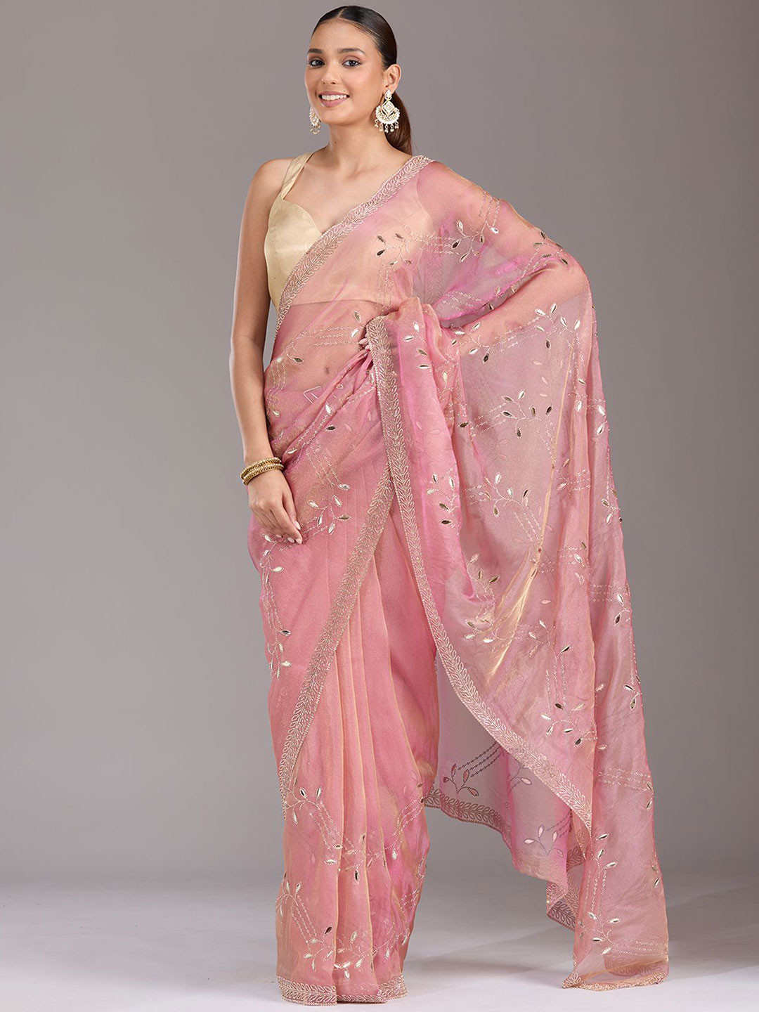Koskii Onion Pink Stonework Gold Tissue Saree