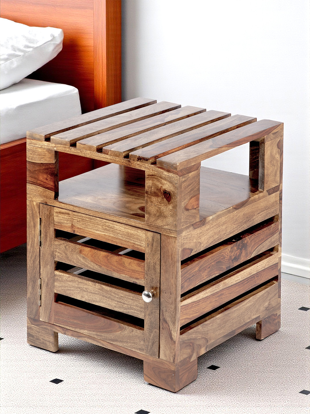 Ikiriya Harvey Sheesham Wood Contemporary Bedside Table/ End Table In Teak Finish