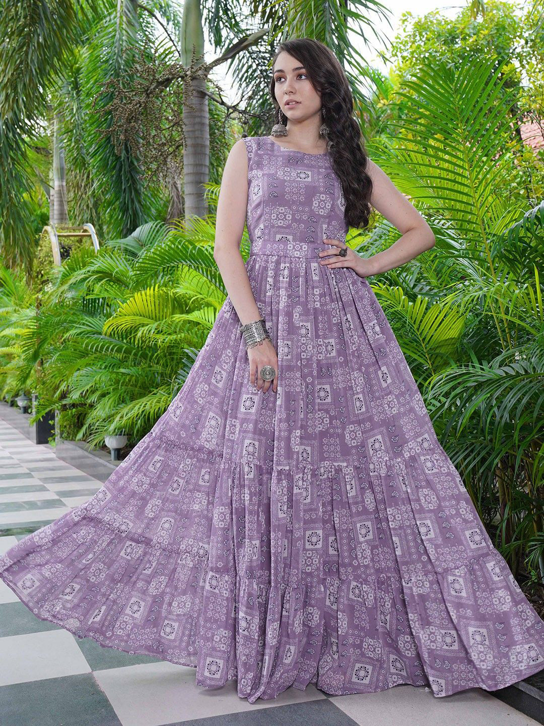 J.KANJI Printed Georgette Fit and Flare Maxi Dress