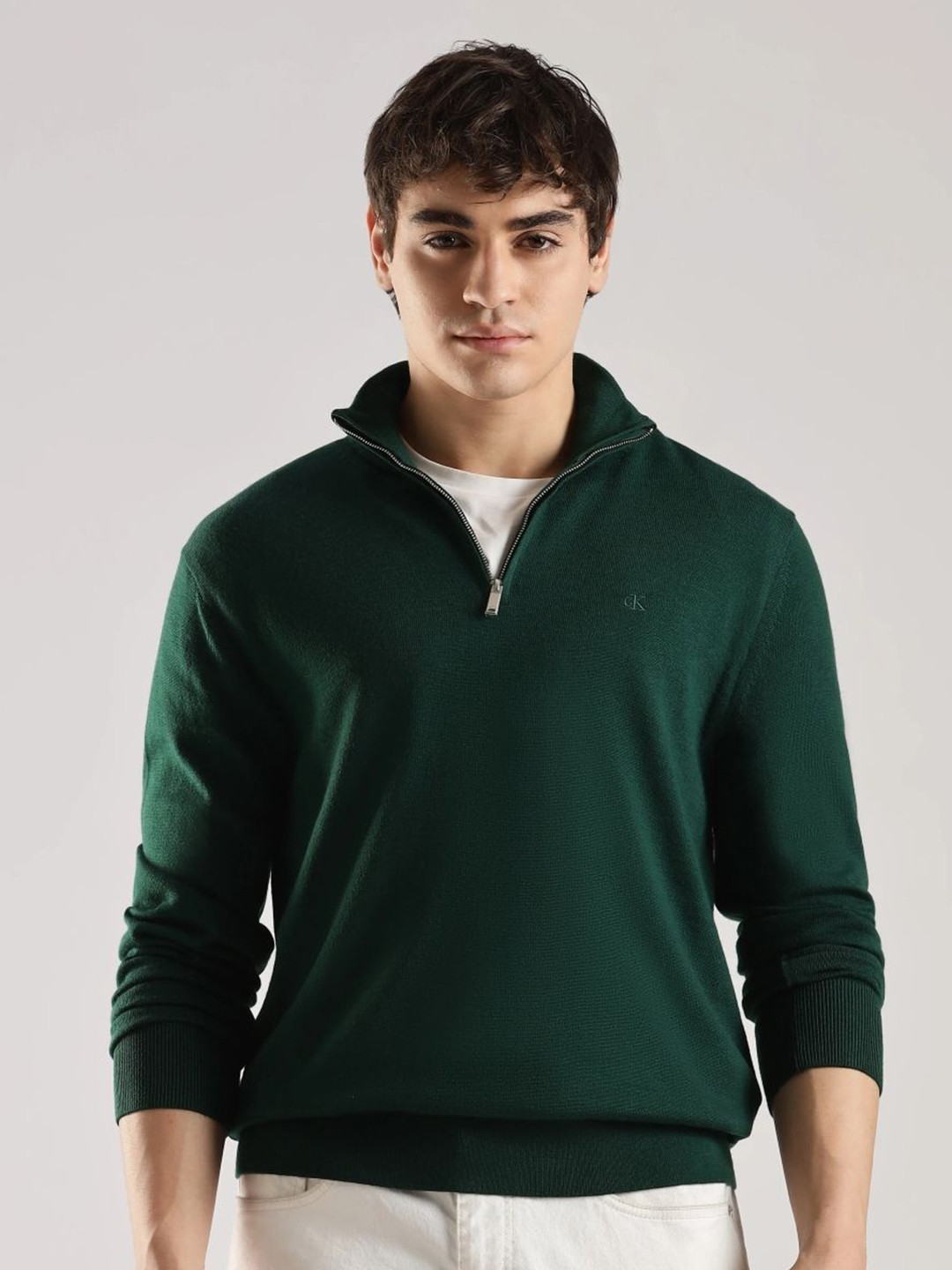Calvin Klein Jeans HK Mainline Men Solid Mock Collar Woollen Pullover Sweater