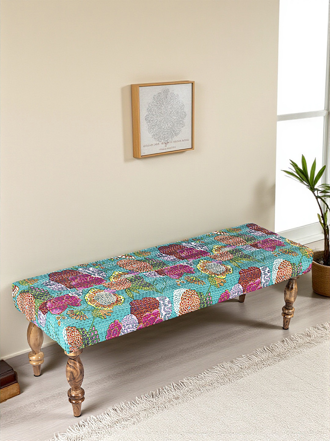 Ikiriya Cairo Sheesham Wood Mid Century 3 Seater Bench In Sea Green Fruit Print Kantha