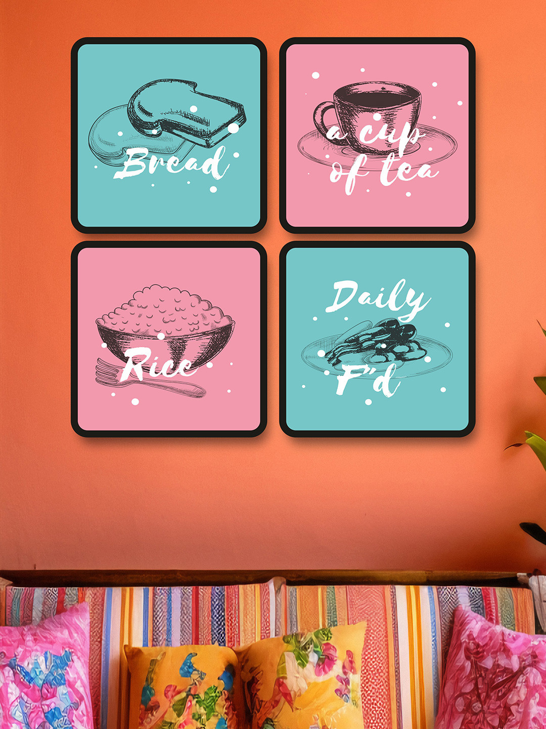 SAF Pink & Green 4 Pieces Cafe Theme Painting Wall Arts