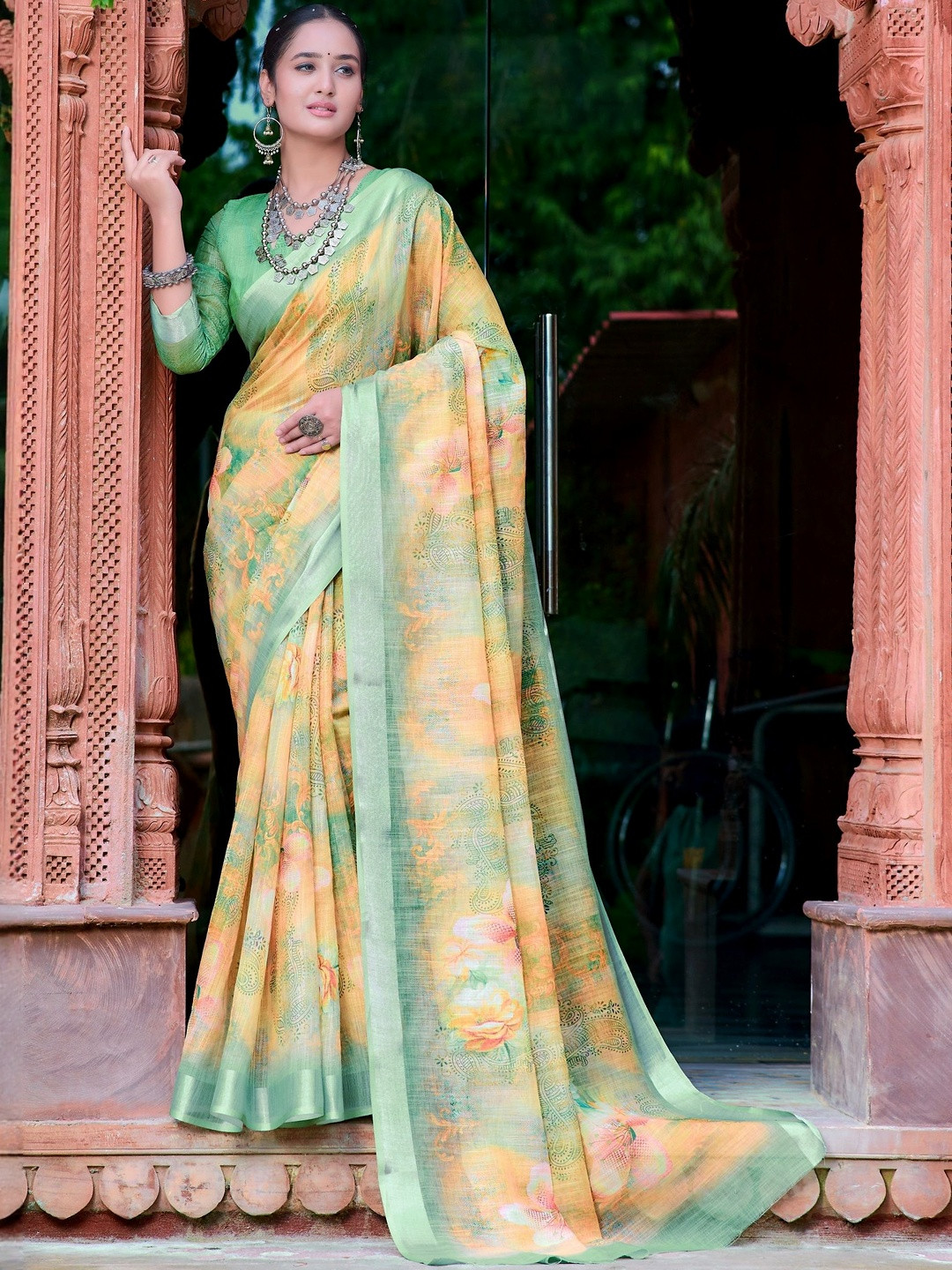 PHEASANT Pure Linen Floral Printed  Block Print Saree