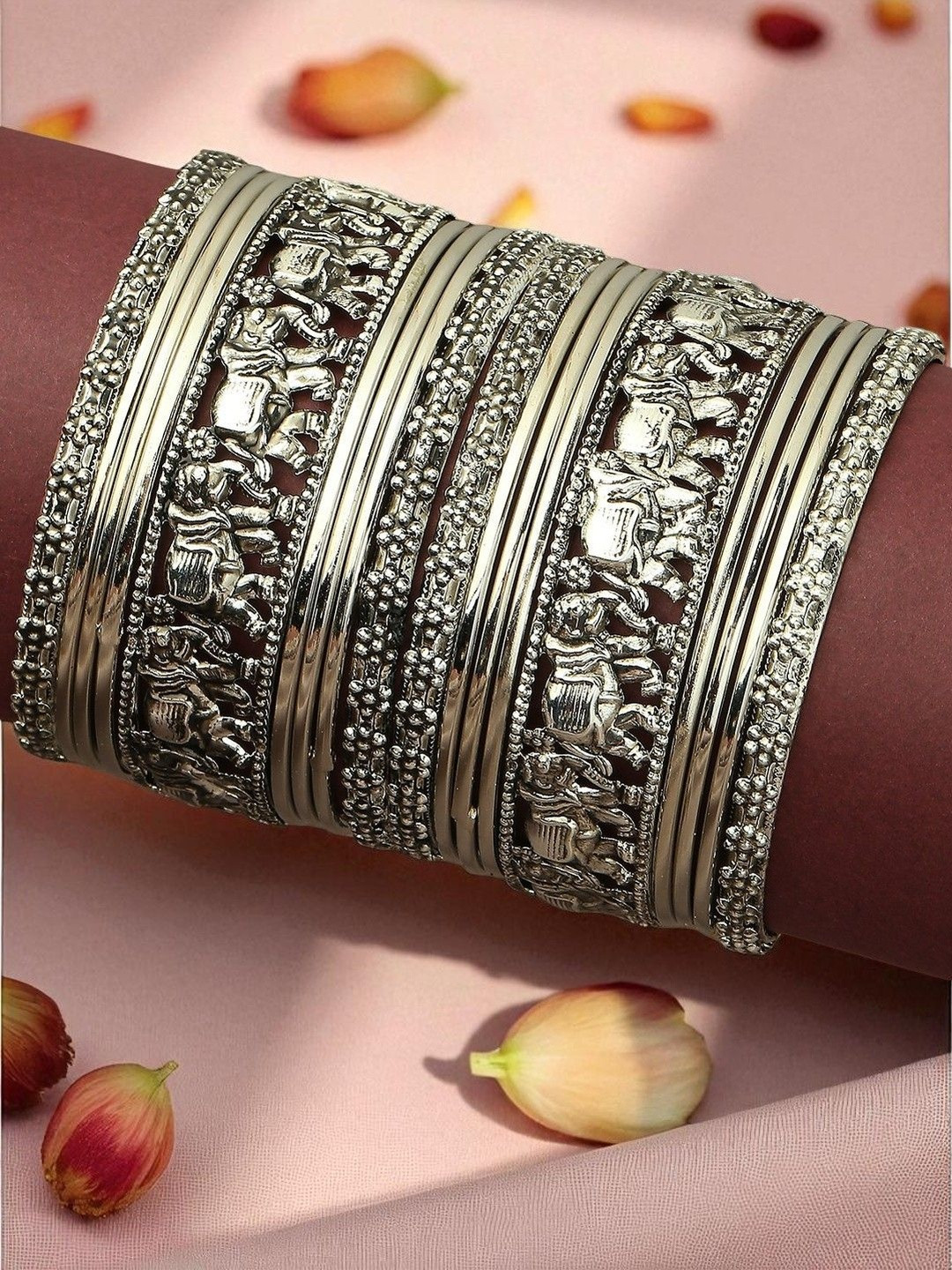 fabula Women Set Of 18 Oxidised Elephant Design Bangles