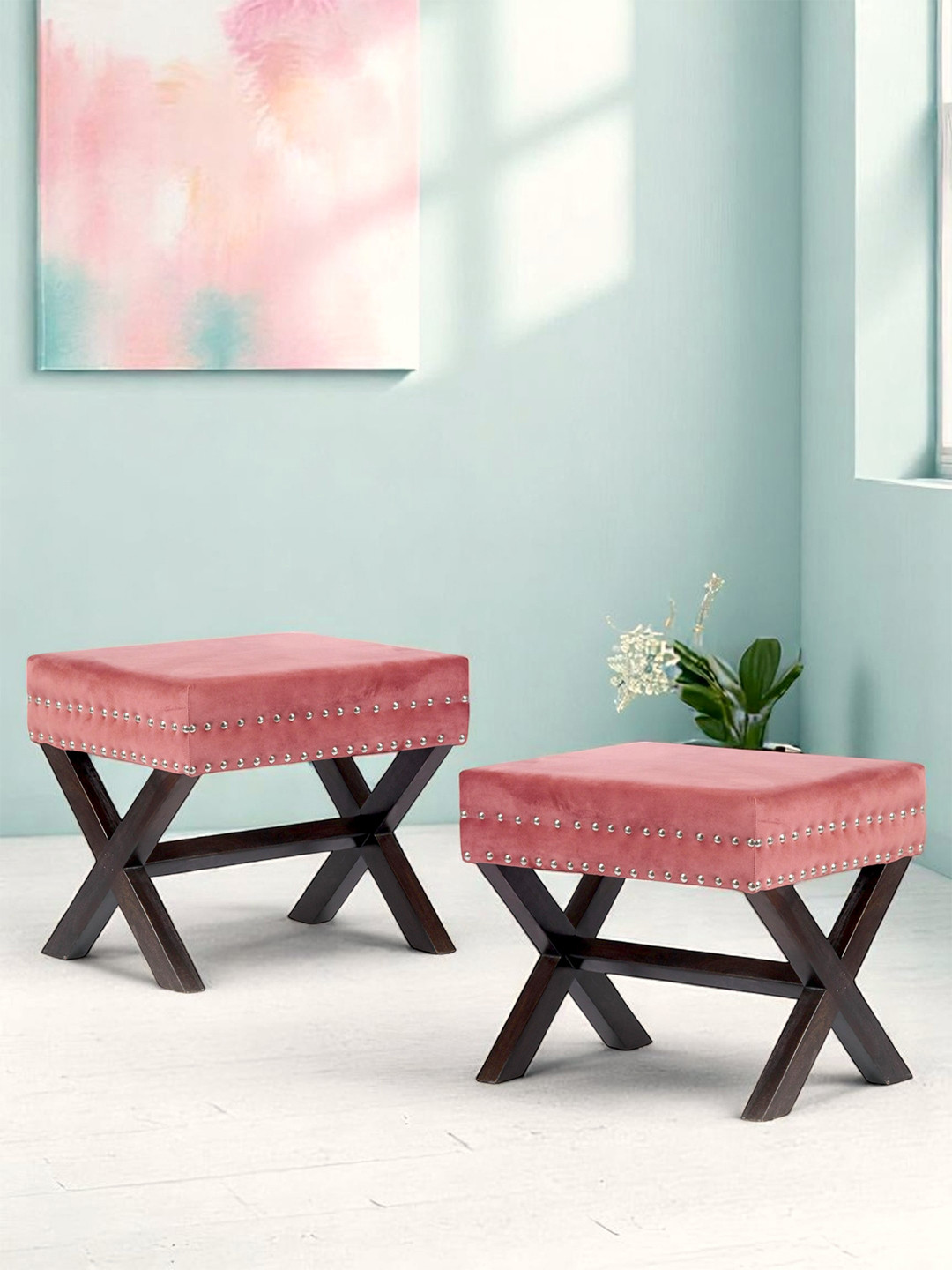 Ikiriya Sheesham Wood Accent Rectangle Set Of 2 Ottomans In Coral Pink Velvet Upholstery