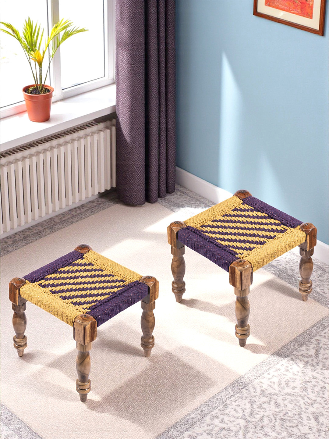Ikiriya Riaza Sheesham Wood Square Maachi Set Of 2 Stools In Yellow & Purple Rope Canning