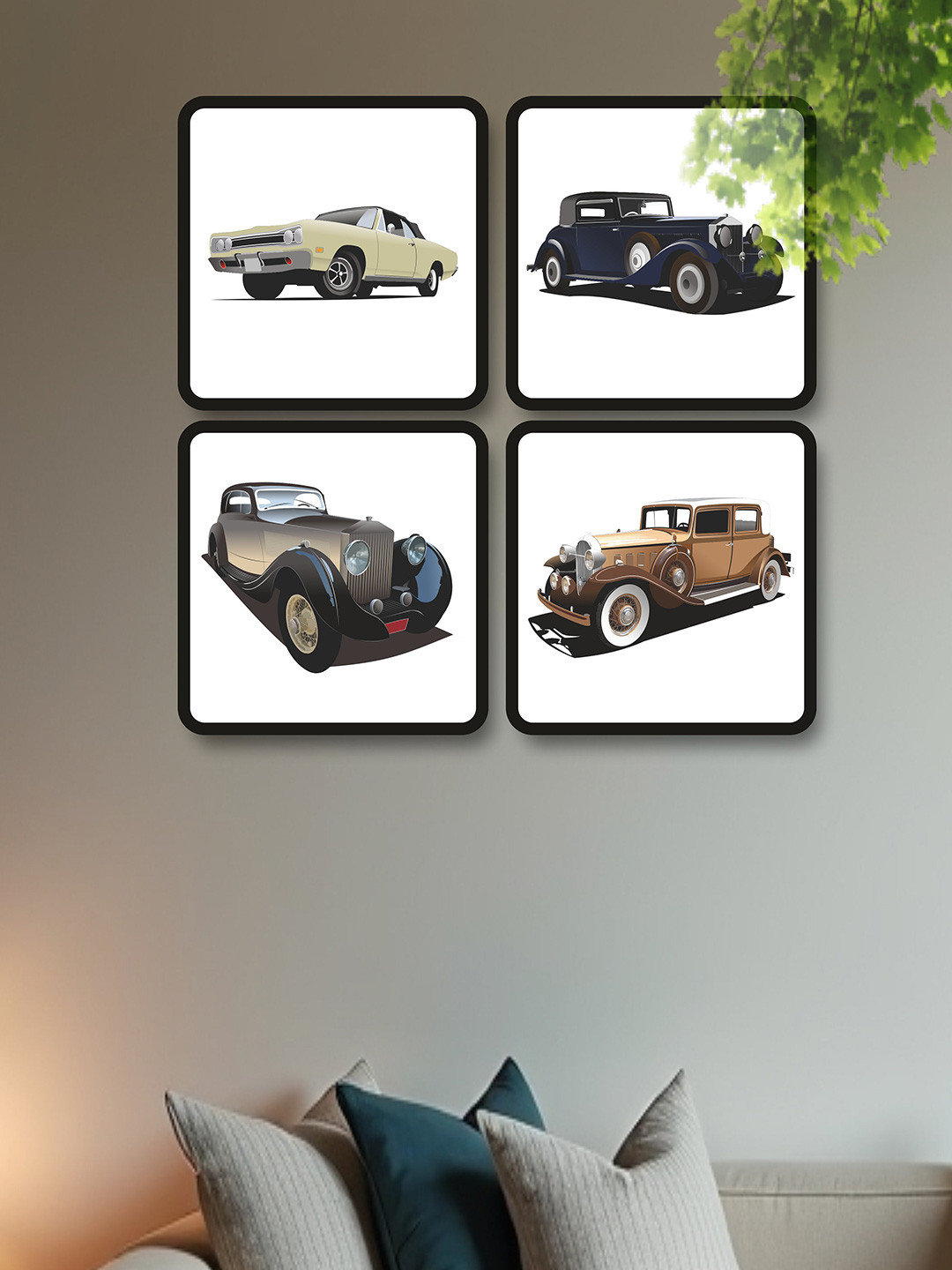 SAF White & Brown 4-Pieces Cars Printed Framed Wall Art