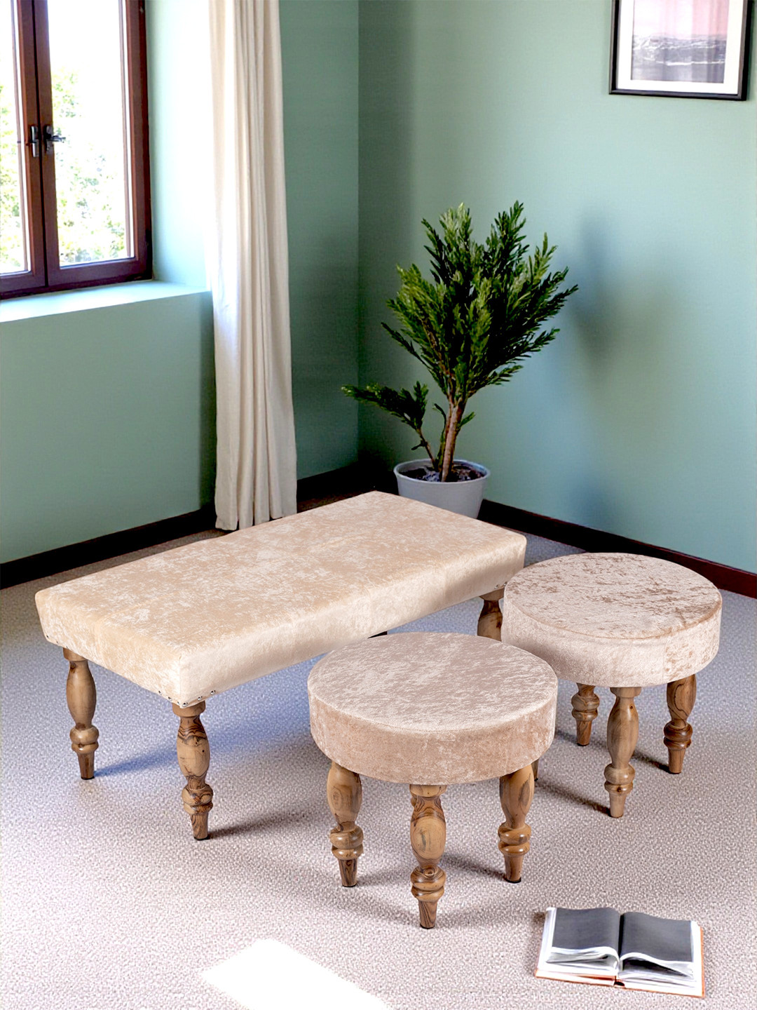 Ikiriya Sheesham Wood Accent 2+1+1 Seater Bench Set With 2 Stools In Beige Sparkle Velvet