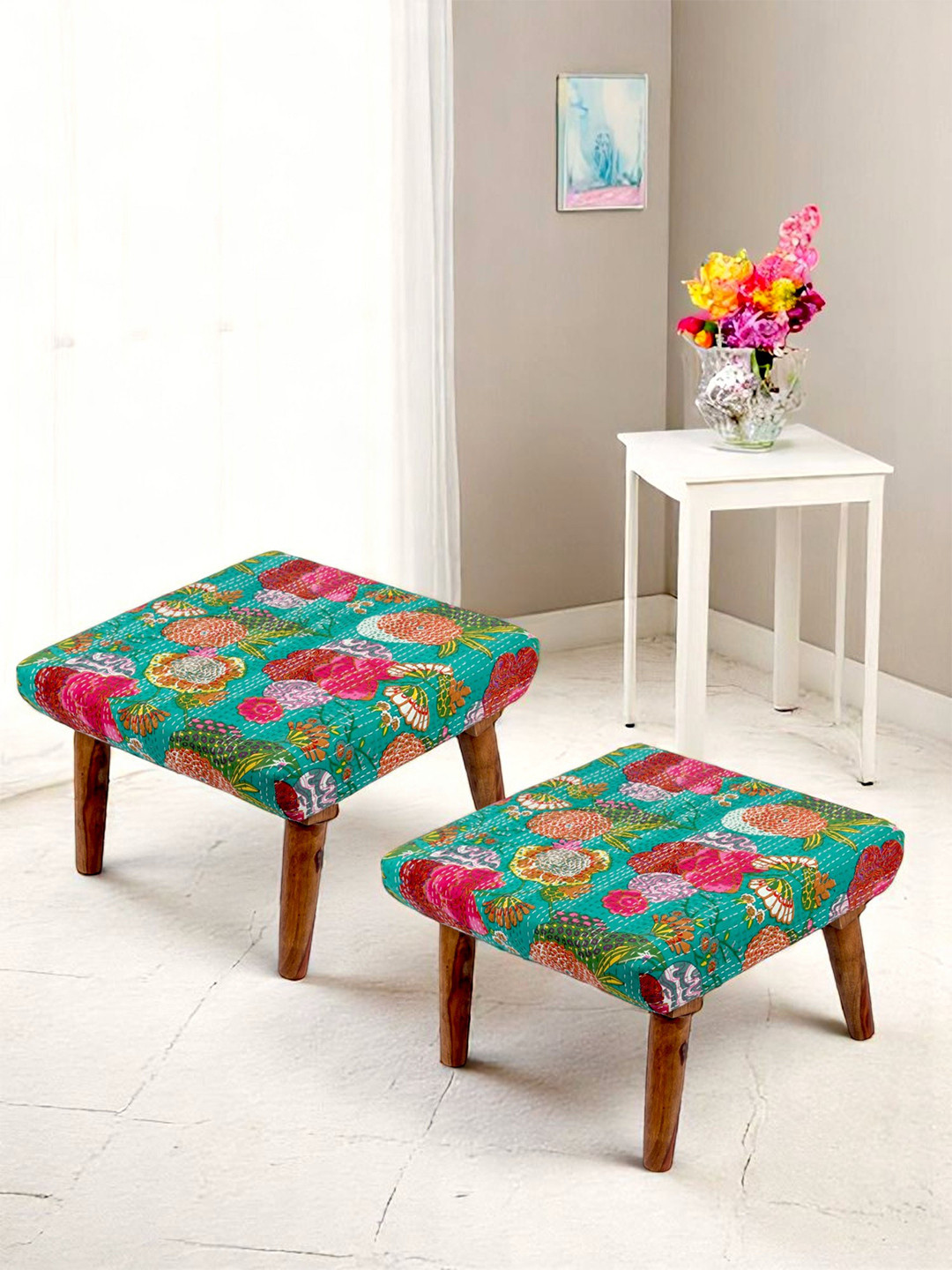 Ikiriya Rosewood Square Set Of 2 Ottomans In Sea Green Fruit Print Kantha Fabric