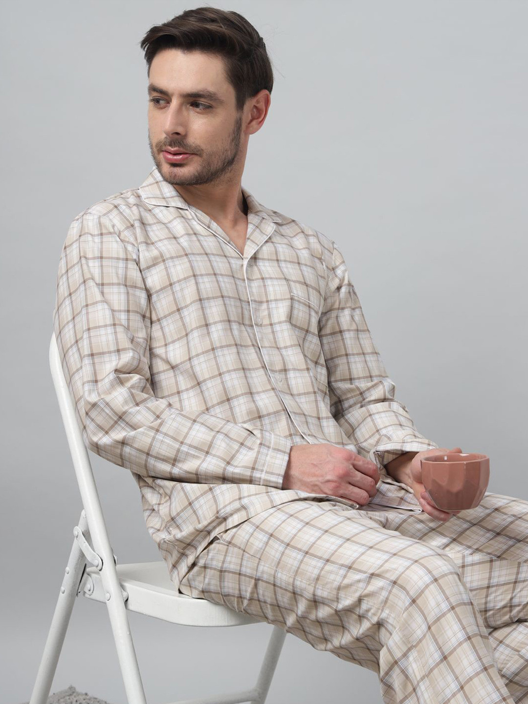 English Navy Men Checked Lapel Collar Shirt & Pyjamas Wrinkle Ressistant Night suit