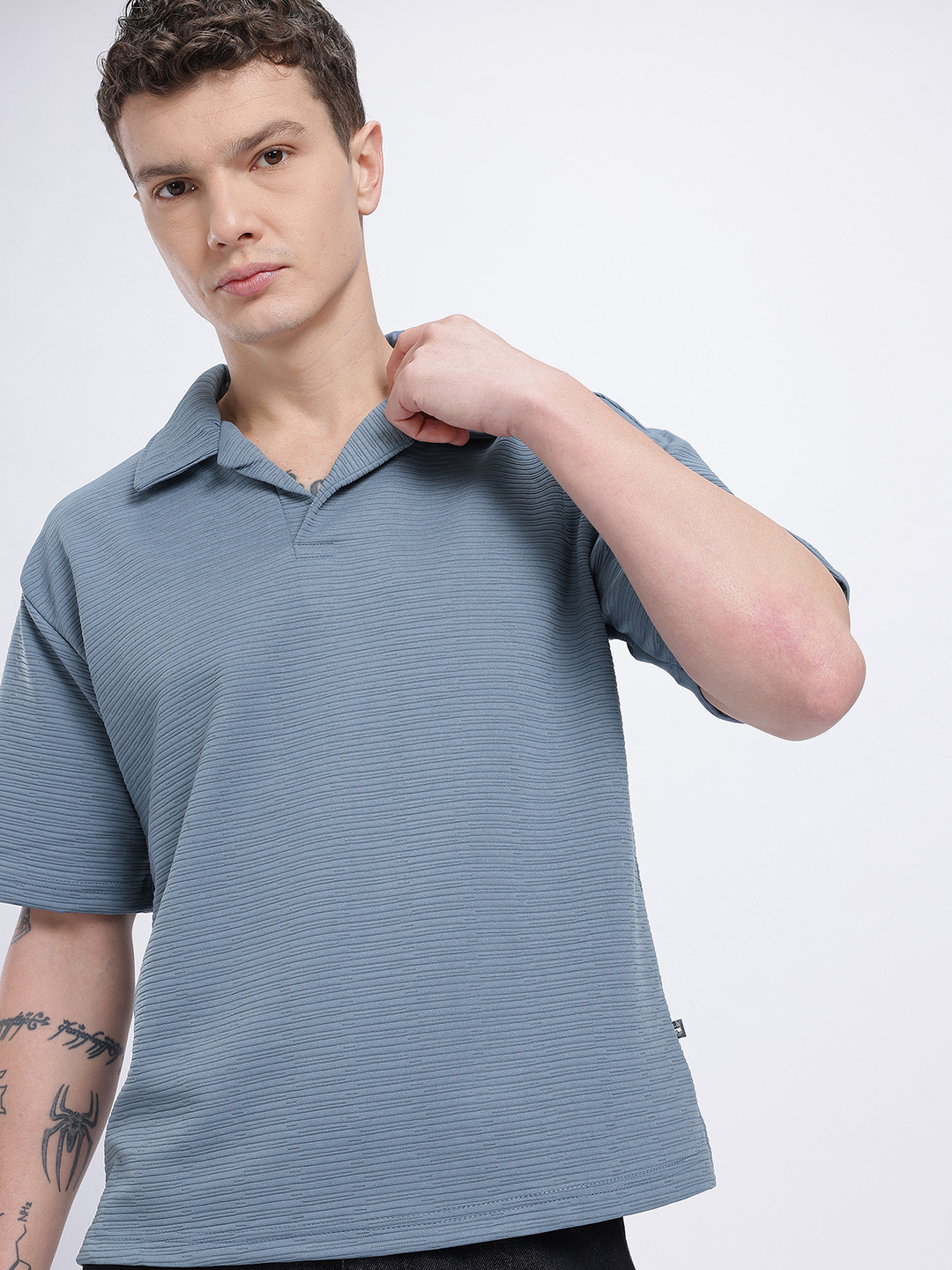 Horizontally Self-Striped Relaxed Fit Polo Collar T-shirt