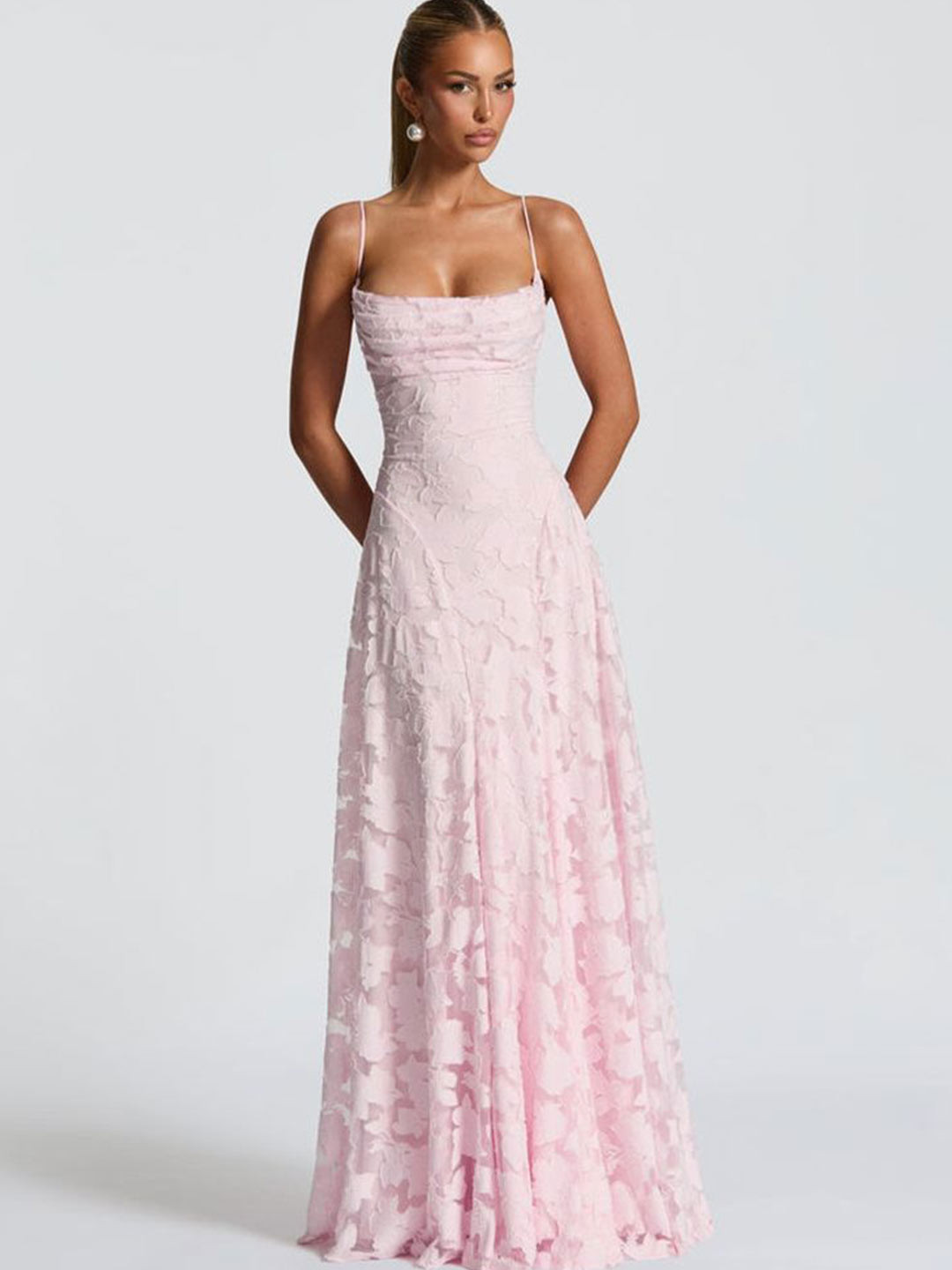 LULU & SKY Pink Abstract Lace-Up Maxi Gown Dress