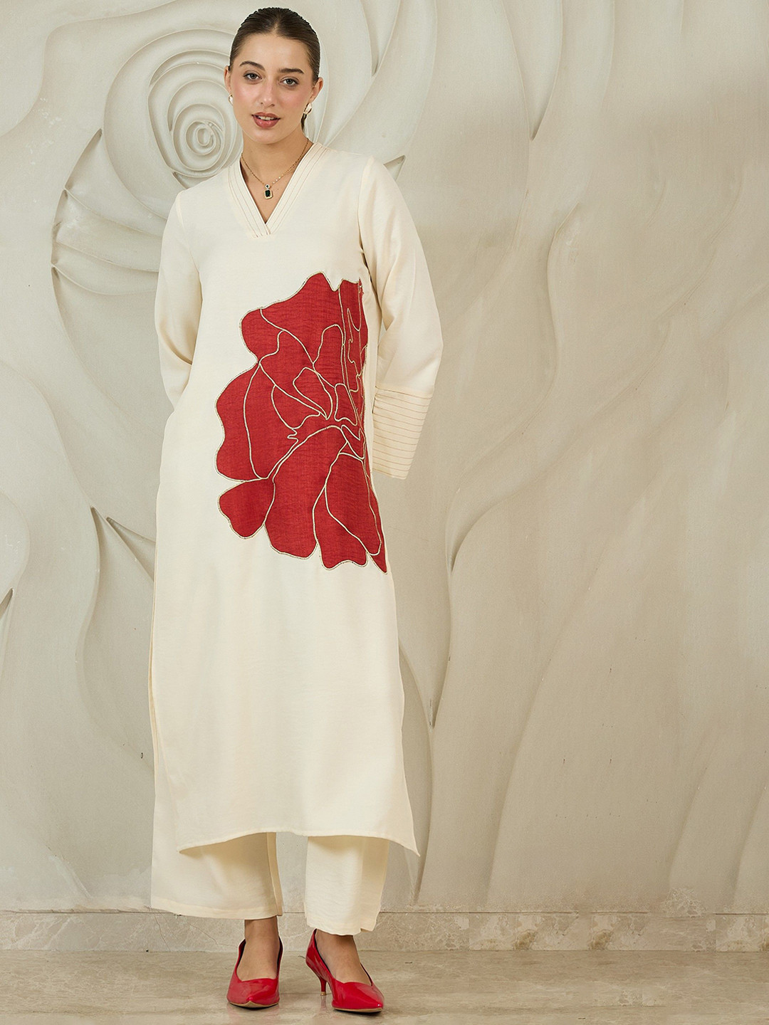 Shally Bhasin by Athena Floral Embroidered V-Neck Linen Top With Palazzos