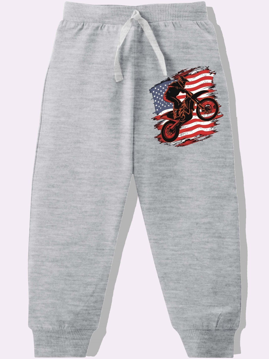 KAVEE Boys Grey Pure Cotton Terry Knit Biowashed Full Length Joggers With Bike Print