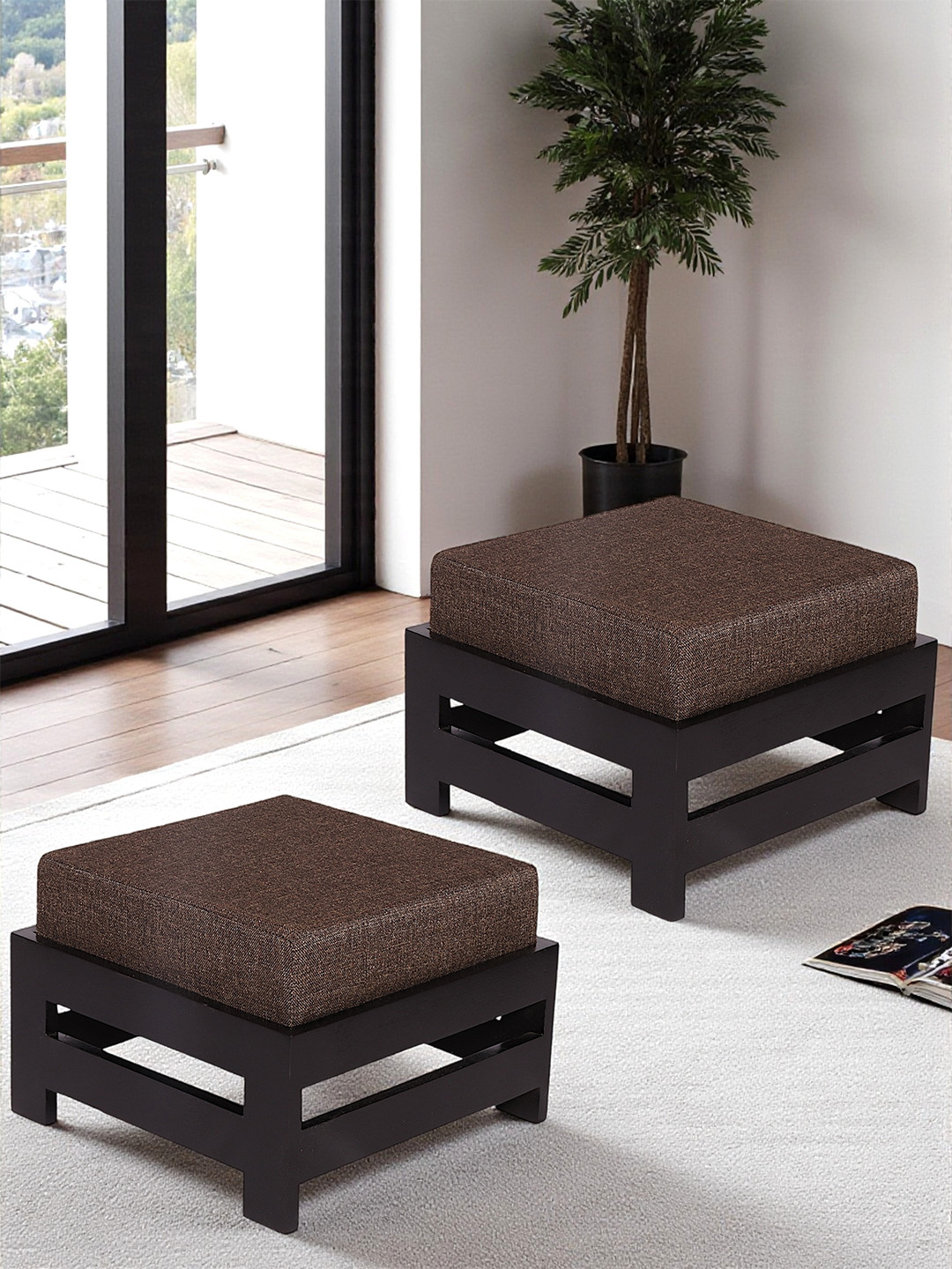 Ikiriya Rosewood Set Of 2 Foot Stool In Extra Dark Mahagony Finish With Jute Brown Cushion