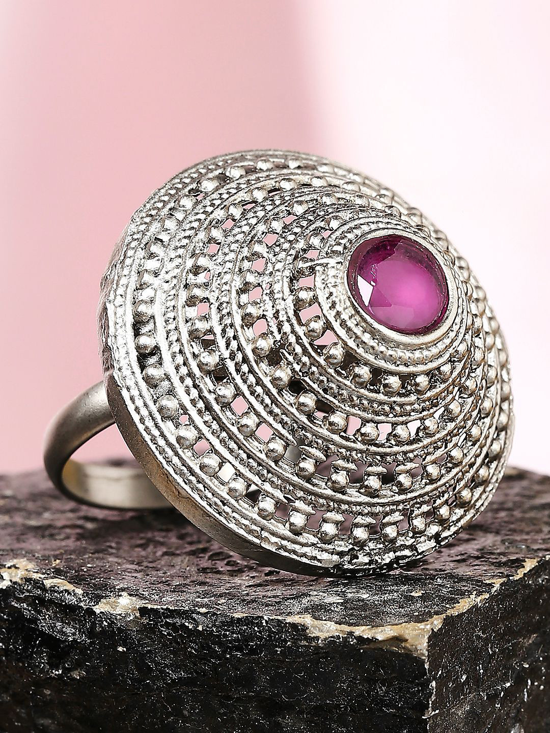 fabula Artificial Stones Studded And Beaded Oxidisied & Tribal Finger Ring