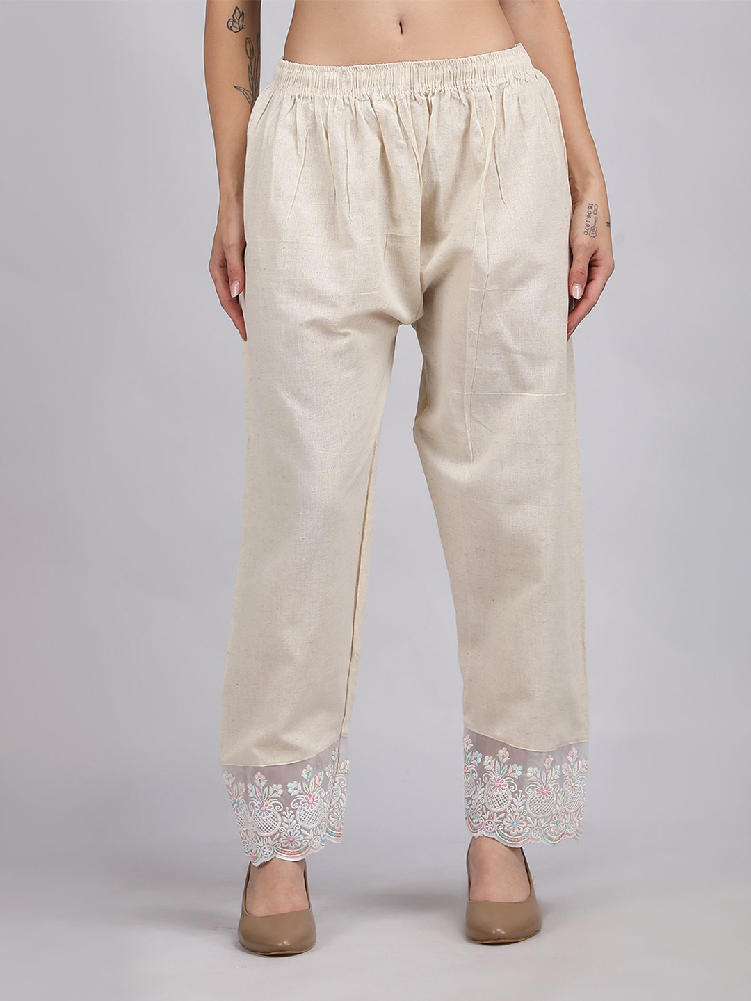 MICHAEL KOVLIN Women Chikankari Embroidered Linen Wide Leg Trousers
