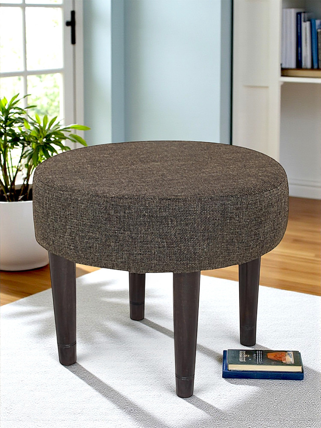 Ikiriya Nayla Sheesham Wood Contemporary Round Stool In Jute Brown Upholstery
