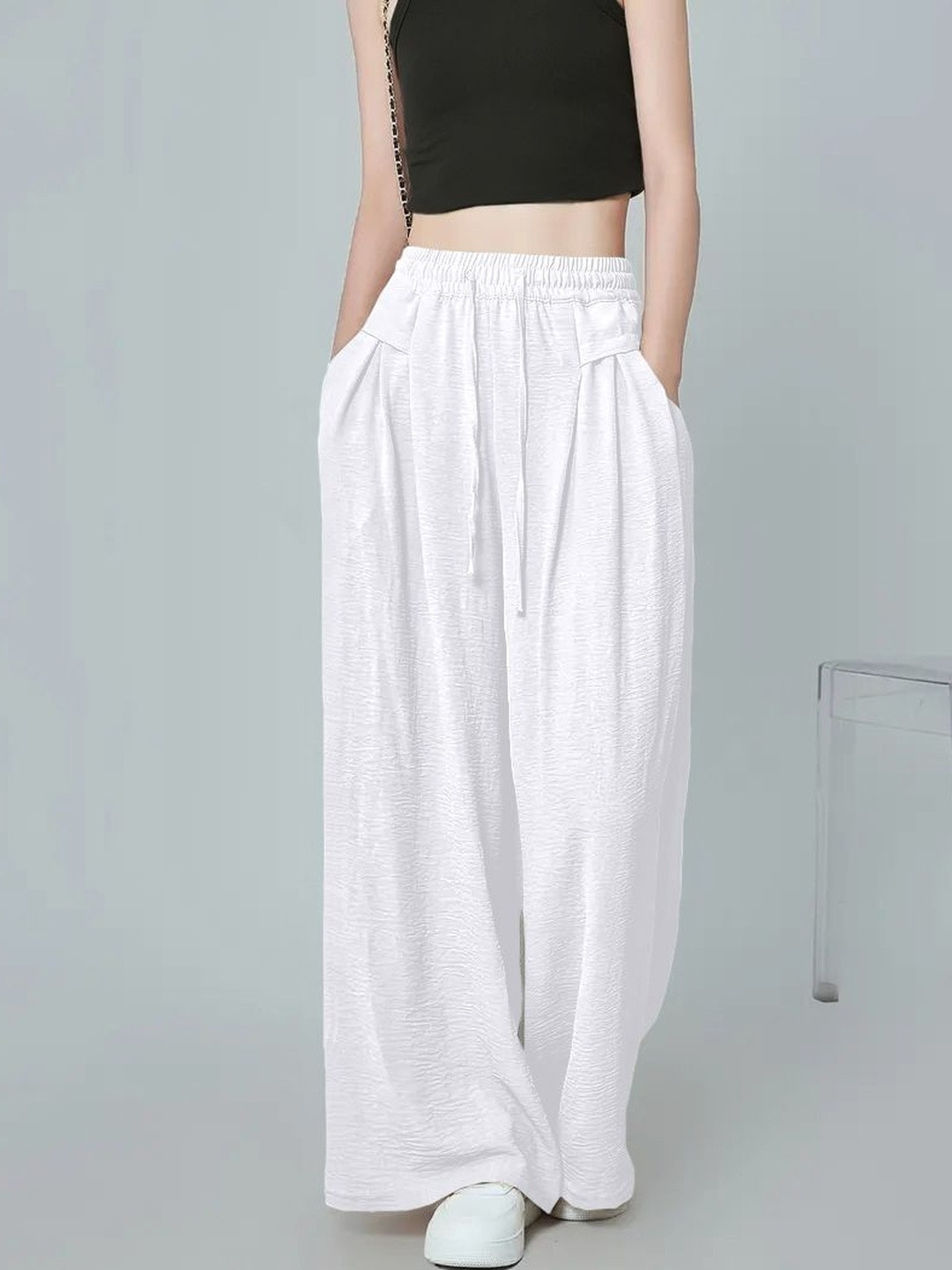 SZN Women White Polyester Flared High-Rise Trousers