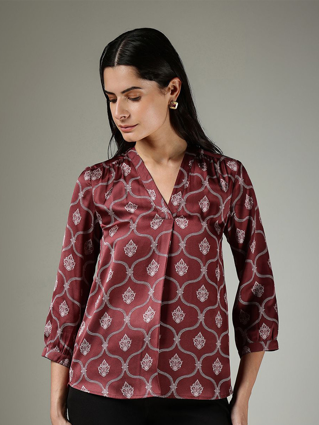 FableStreet Women Burgundy Satin V-Neck Indian Motif Top