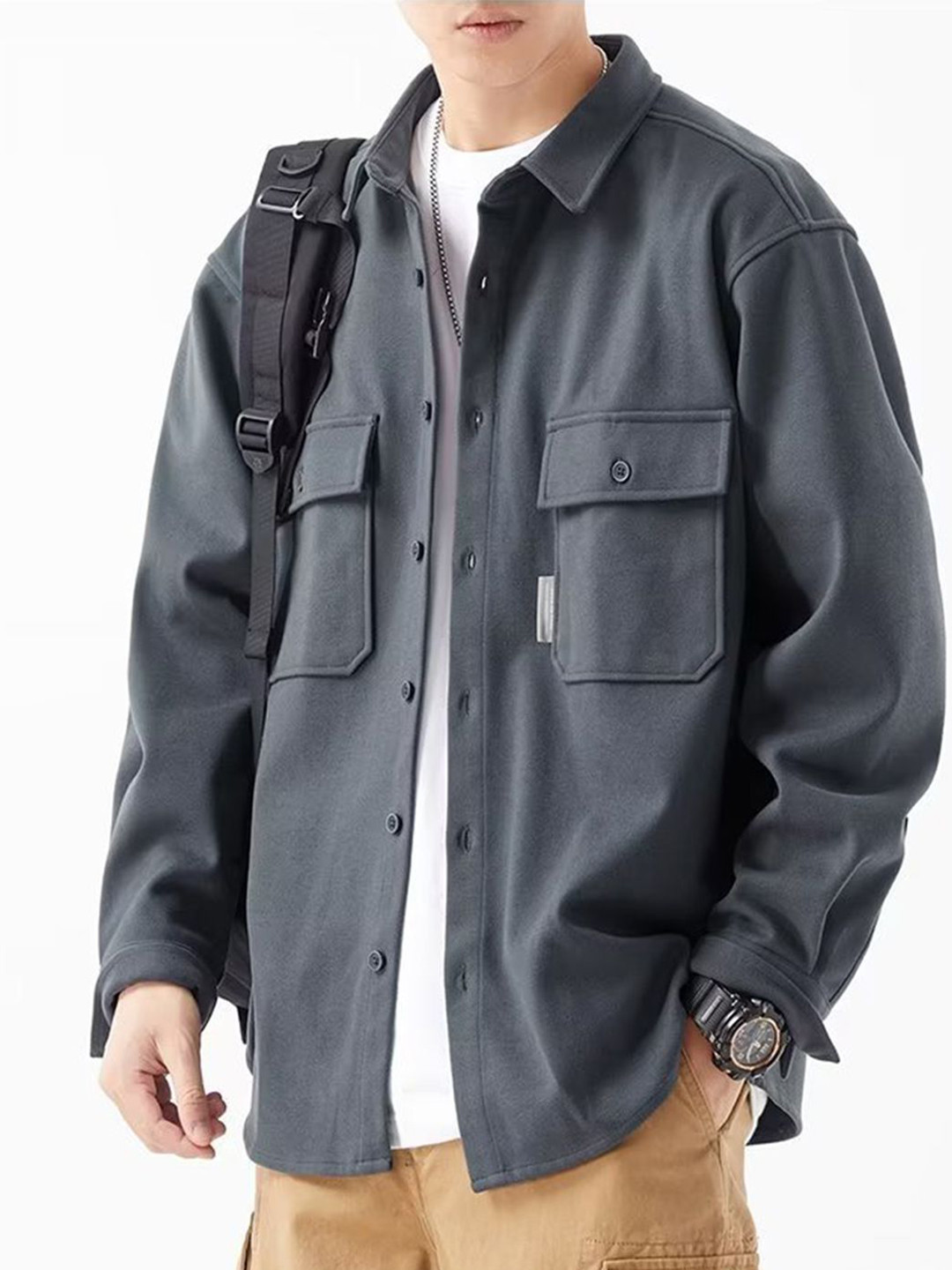 StyleCast Men Spread Collar Long Sleeves Oversized Shirt with Box Pockets