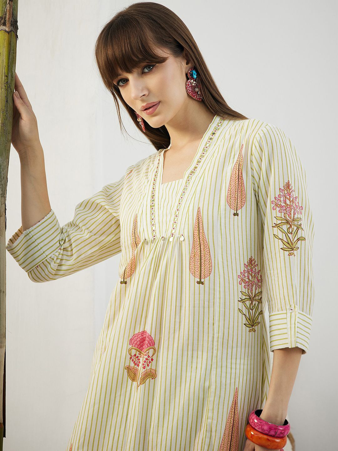 Indo Era Floral Printed Thread Work Screen Pure Cotton Kurta With Trousers