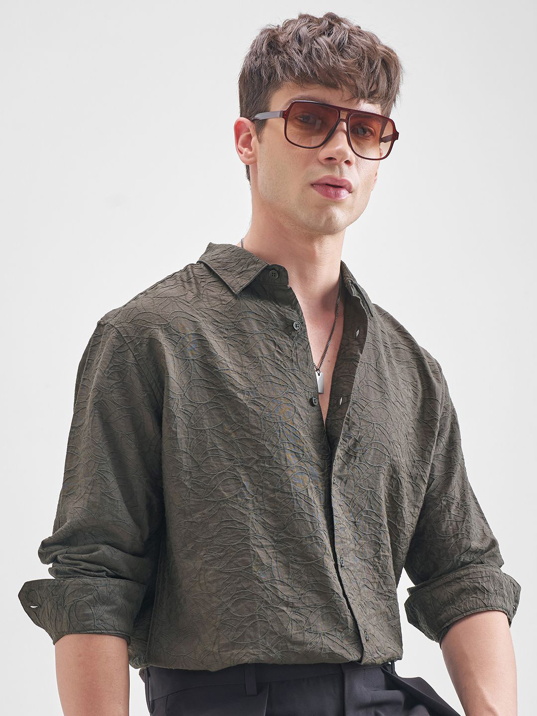 Highlander Men Olive Jacquard Evening Parti Shirt
