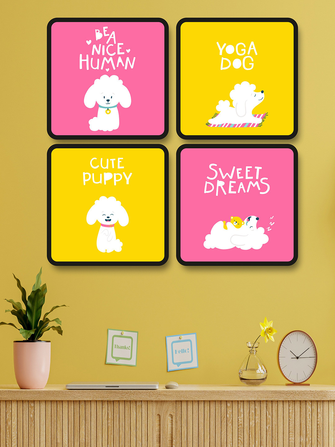 SAF Pink & Yellow 4-Pieces Cute Dog Theme Printed Framed Wall Art