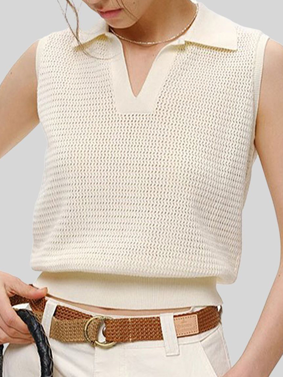 LULU & SKY Cream Self Design Shirt Collar Top