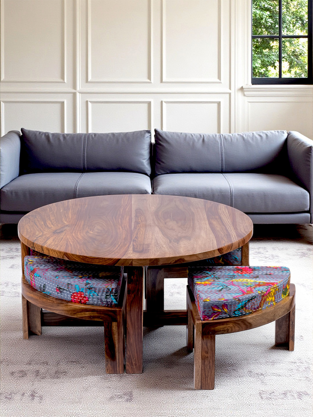 Ikiriya Sheesham Wood Mid Century Coffee Table Set In Teak Finish