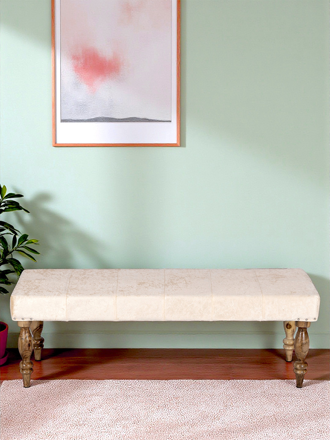 Ikiriya Cairo Sheesham Wood Accent 3 Seater Bench In Beige Sparkle Velvet