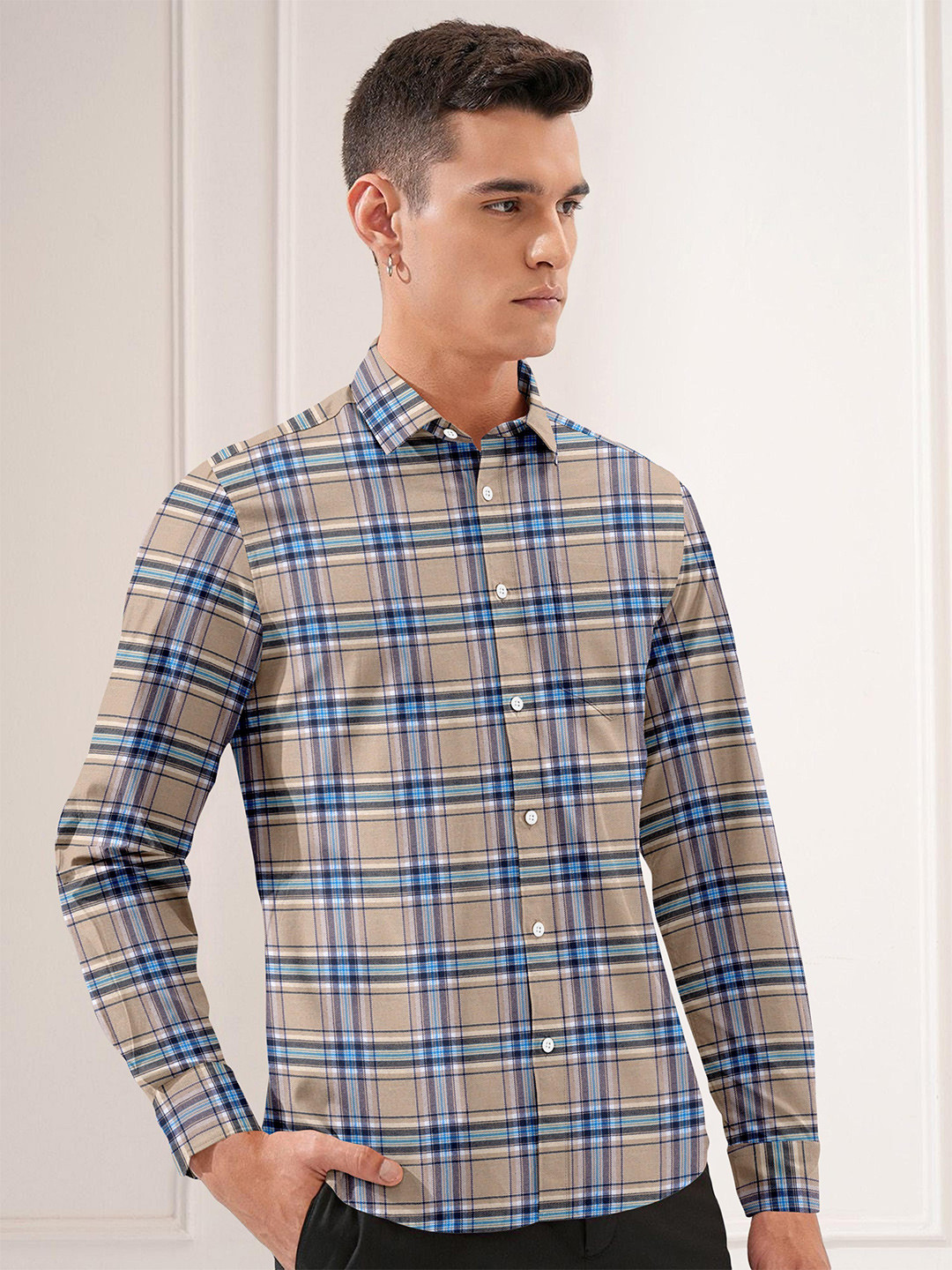 JICOTT Men Tartan Checked Spread Collar Casual Shirt