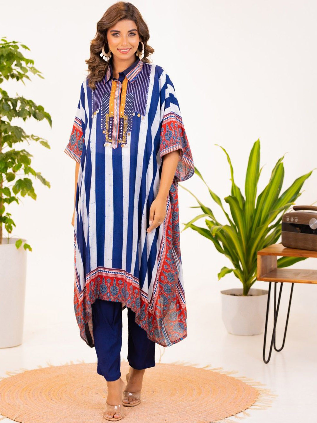 AUTUMN LANE Maurya Azure Muslin Kaftan With Trousers Co-Ords