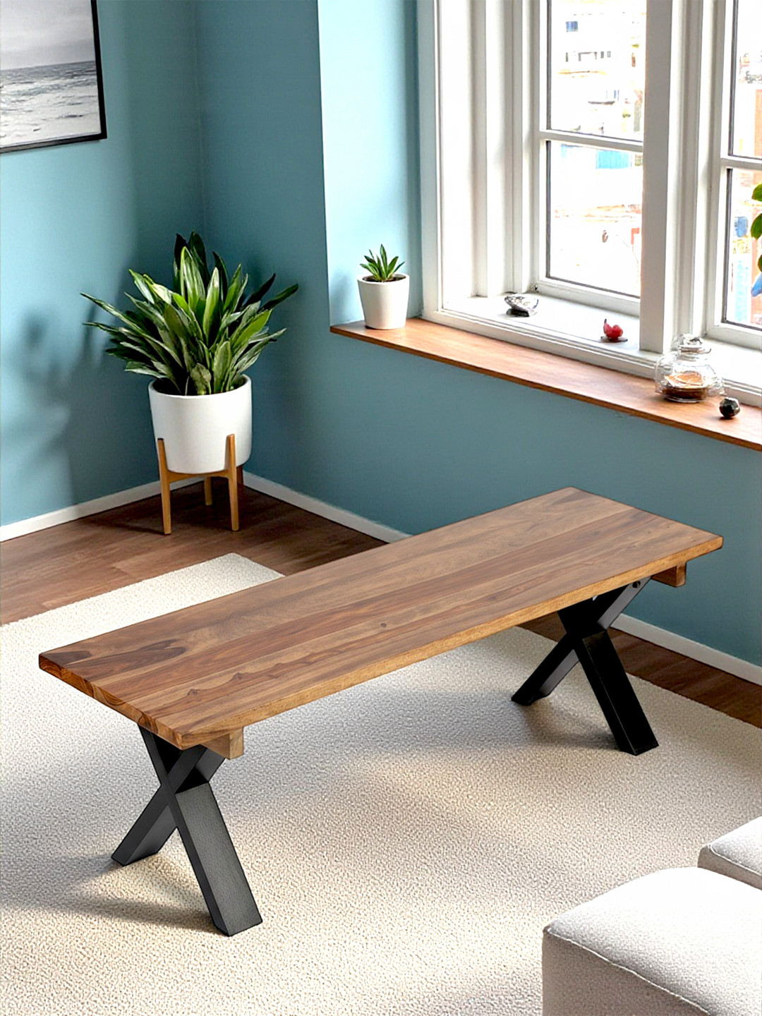 Ikiriya Tula Sheesham Wood Minimalist 3 Seater Bench In Teak Finish