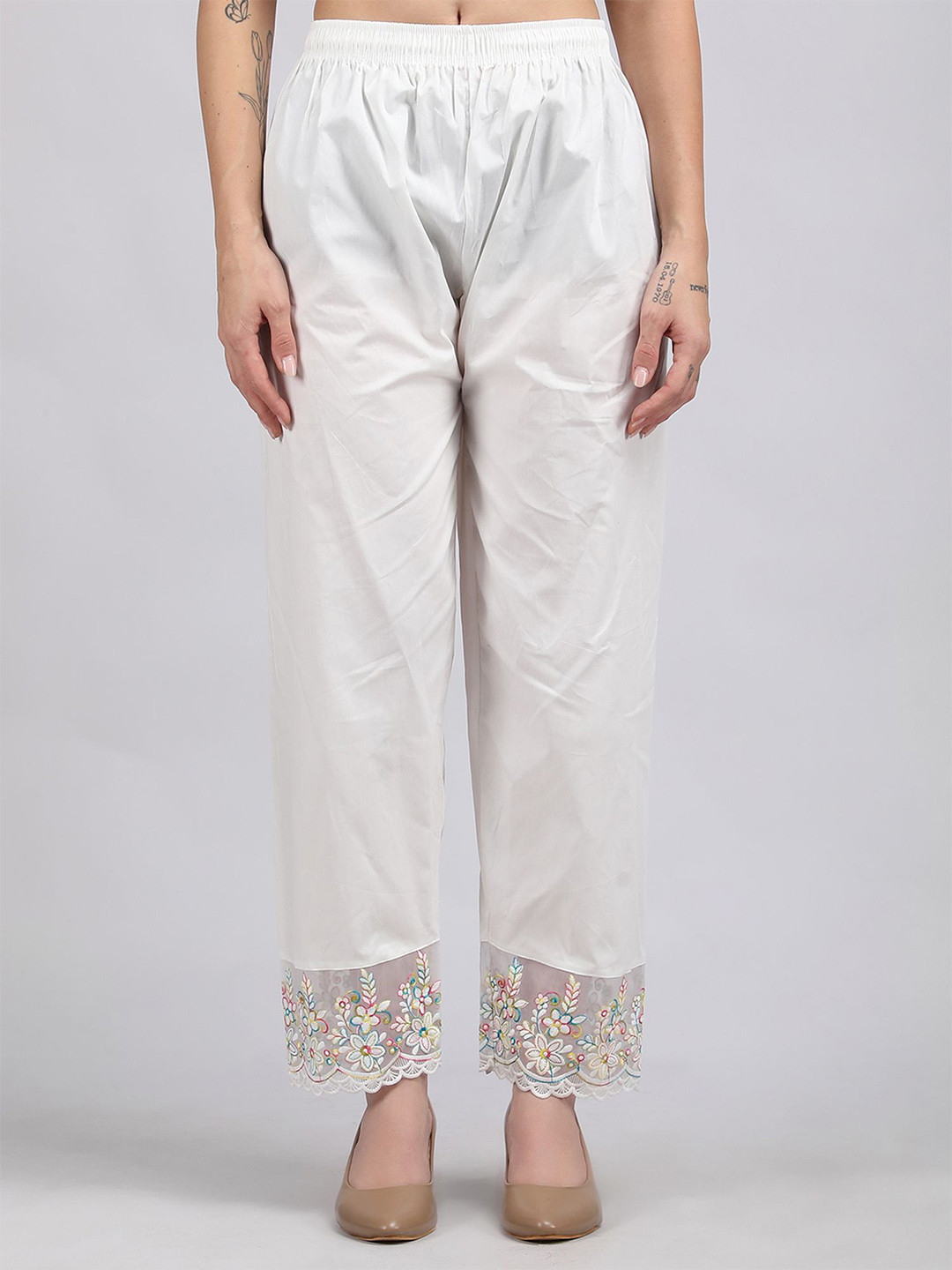 MICHAEL KOVLIN Women Floral Embroidered Lace Design Regular Fit Cotton Trousers