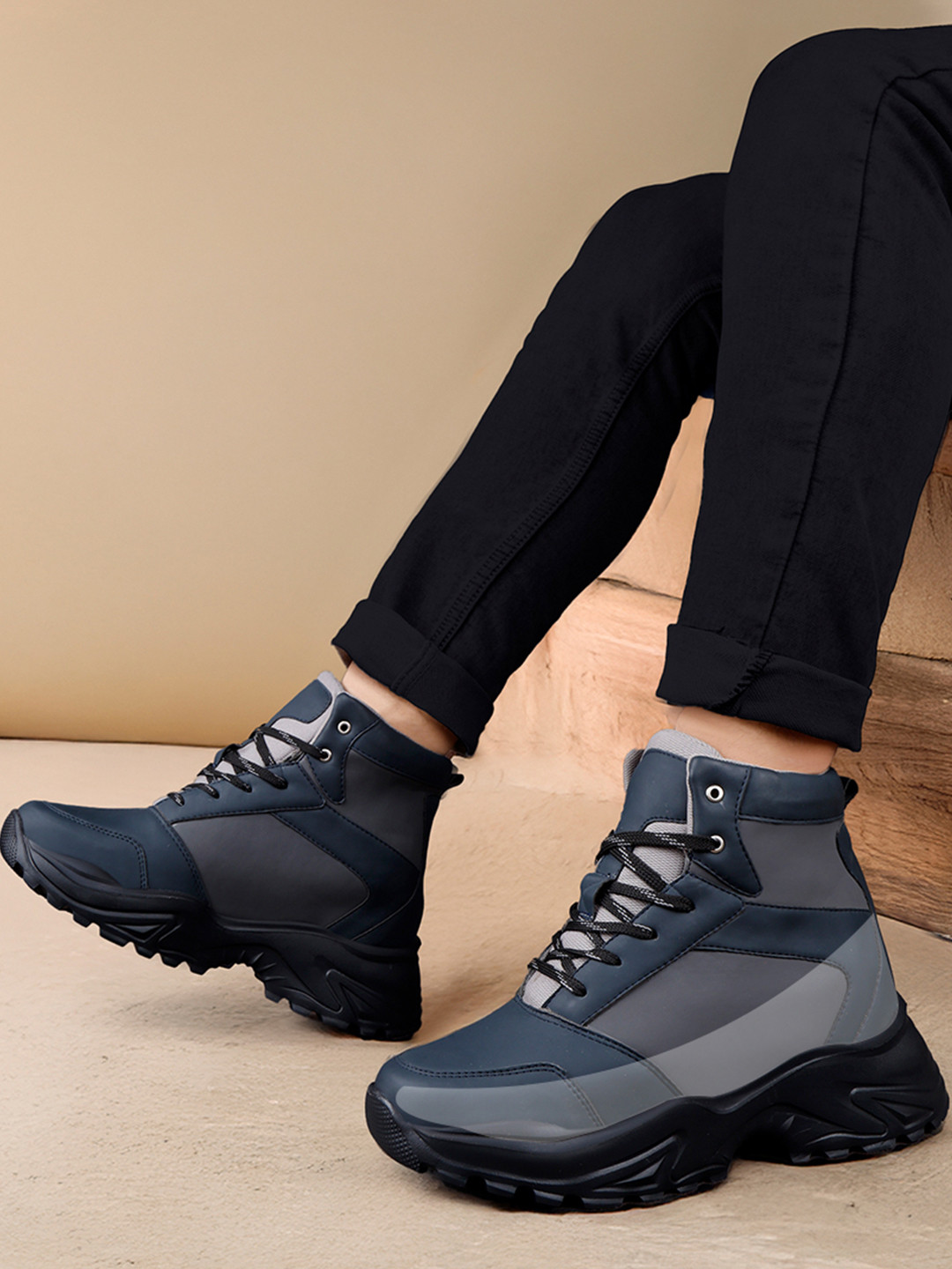 Bxxy Men Hidden Height Increasing PU Leather High-Top Lace-up Boots